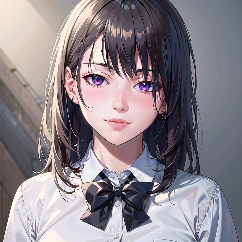 (SFW:1.4), (masterpiece, best quality, awesome extremely realistic, high resolution, 8K:1.3), 1girl, solo, black long hair, bangs, (hair over left eye:1.6), (tsurime:1.6), closed mouth, light smile, blush, hand on own face, ,looking at viewer, plaid bow, school uniform, shirt, plaid skirt, white short sock, brown loafers, simple white background, unmoving pattern, full body,