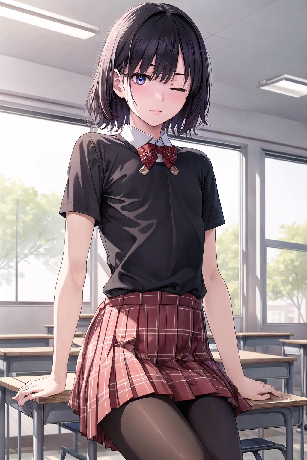 A masterpiece of a Japanese (flat chest:1.9) girl, 17 years old, with an extremely realistic and high-resolution image. She sits in her school uniform, with short black hair styled straight with bangs covering her left eye, a tsurime face shape, and very thin eyes closed in disdain.

She wears a round-collared cutter shirt with a red plaid bow, over a red plaid midi skirt, finished with black pantyhose (20 denier) and brown loafers. The scene is set in a classroom, kyoushitsu, with a school chair, desk, chalkboard, and window. Her right hand rests on her chest, while her left hand holds steady on the desk, as if frozen in an unmoving pattern.