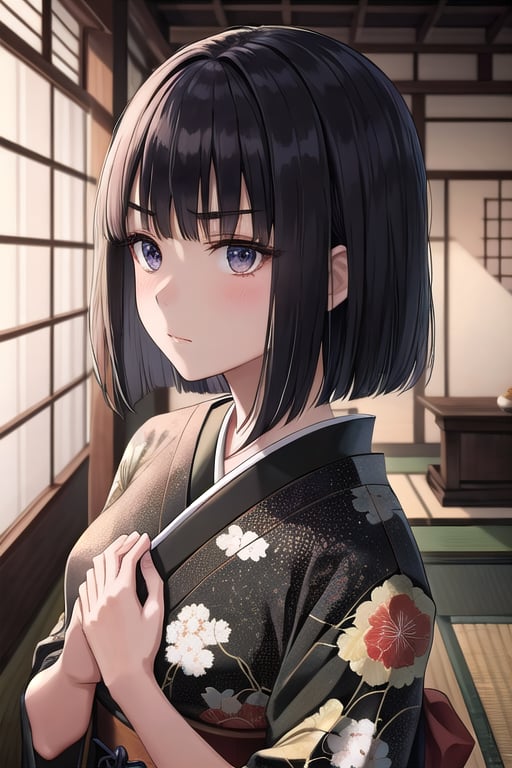 4K art prompt. A 17-year-old Japanese girl stands motionless in a traditional Japanese wasitsu room, her jet-black bob styled straight with dramatic bangs sweeping across her left eye. Her slanted eyes and thick eyebrows convey an air of mystery and indifference as she gazes ahead, both hands resting on her chest. The subtle blush on her cheeks adds to the drama. A large painting of Mount Fuji covers the wall behind her, providing a serene backdrop for this enigmatic scene.