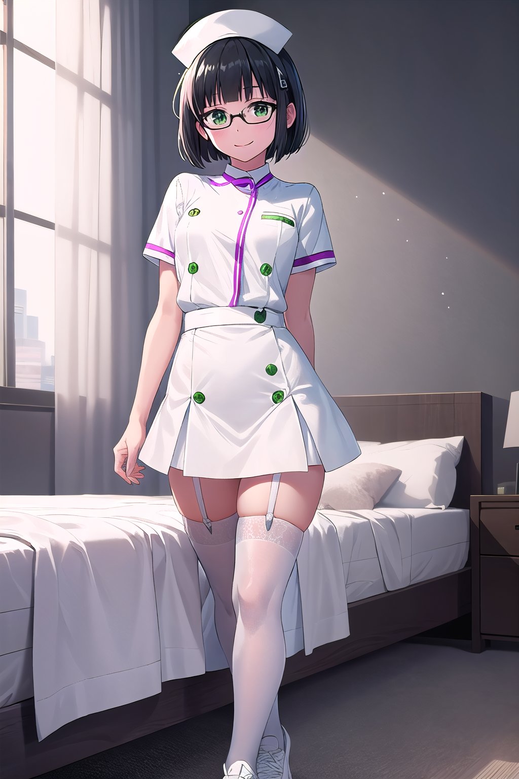 SFW, nurse, (white:1.4) nurse uniform, (white:1.4) tight skirt, (white:1.4) thigh high socks, (white:1.4) Garter belt, (white:1.4) sneakers, light green accent, black hair, short bob, flat chest, standing front bed, raised one leg on bed, smile, thin eyeblow, black eyes, green round glasses, 

score_9, score_8_up, score_7_up,source_anime,rating_explicit,masterpiece,((best quality, 8k, ultra-detailed)),cg,perfect anatomy,(solo:1.4),1girl, 16yo, full body, 