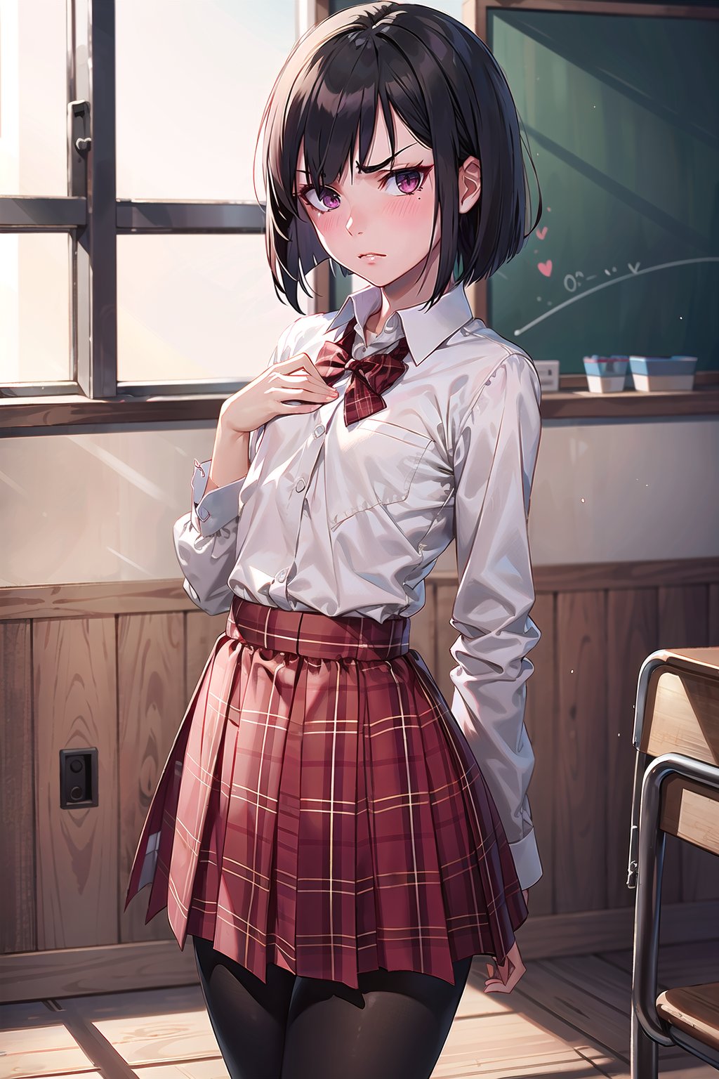 (SFW:1.6), (masterpiece, best quality, awesome extremely realistic, high resolution:1.3), 1girl, solo, Japanese, 17yo, BREAK (black short bob, straight hair:1.4), bangs, (hair over left eye:1.6), (tsurime:2.1), (very thin eyes:1.4), closed mouth, BREAK (disdain, contempt:1.7), (blush:1.4), (flat chest:1.7),  BREAK from side, school uniform, (red plaid bow:1.4), (round collared cutter shirt:1.6), (red plaid midi skirt:1.6), (black pantyhose, 20 denier:1.6), brown loafers, BREAK standing, right hand on chest, left hand on desk, unmoving pattern,  kyoushitsu, school chair, school desk, chalkboard, window,