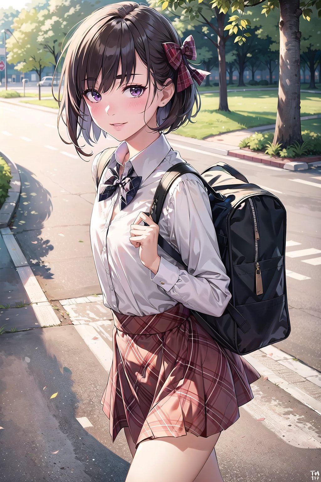 (SFW:1.6), (masterpiece, best quality, awesome extremely realistic, high resolution:1.3), 1girl, solo, Japanese, 17yo, (tall:1.3), 
BREAK (black short bob, straight hair:1.4), bangs, (tsurime:2.1), (hair over left eye:1.9), (very thin eyes:1.7), (thick eyebrow:1.4), closed mouth, (looking down on light smile:1.2), (blush:1.4), (flat chest:1.7), 
BREAK school uniform, (plaid bow:1.5), (round collared cutter shirt:1.6), (plaid midi skirt:1.7), black socks, Brown rofers
BREAK from below, walking, carrying backpack, 
forests, woods, lake side, 