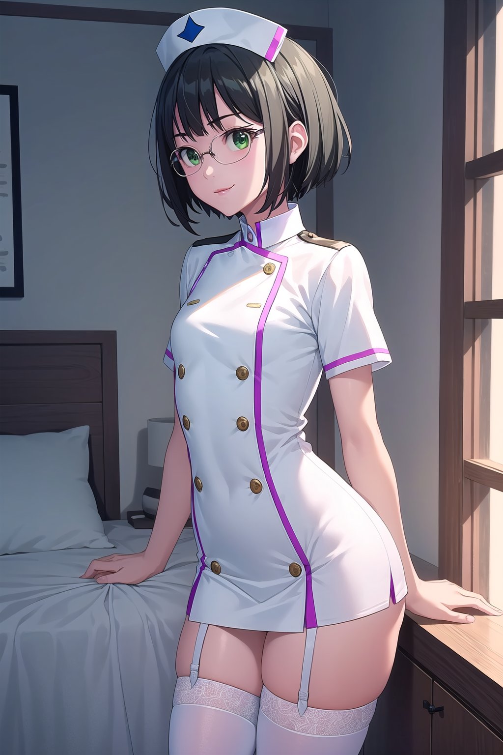 sfw,Loli small, nurse, white nurse uniform, white tight skirt,  light green accent, black hair, short bob, flat chest, standing front bed, raised one leg on bed, smile, green eyes, round glasses, white thigh high socks, Garter belt, white mesh sandals, 

score_9, score_8_up, score_7_up,source_anime,rating_explicit,masterpiece,((best quality, 8k, ultra-detailed)),cg,perfect anatomy,(solo:1.4),1girl, 