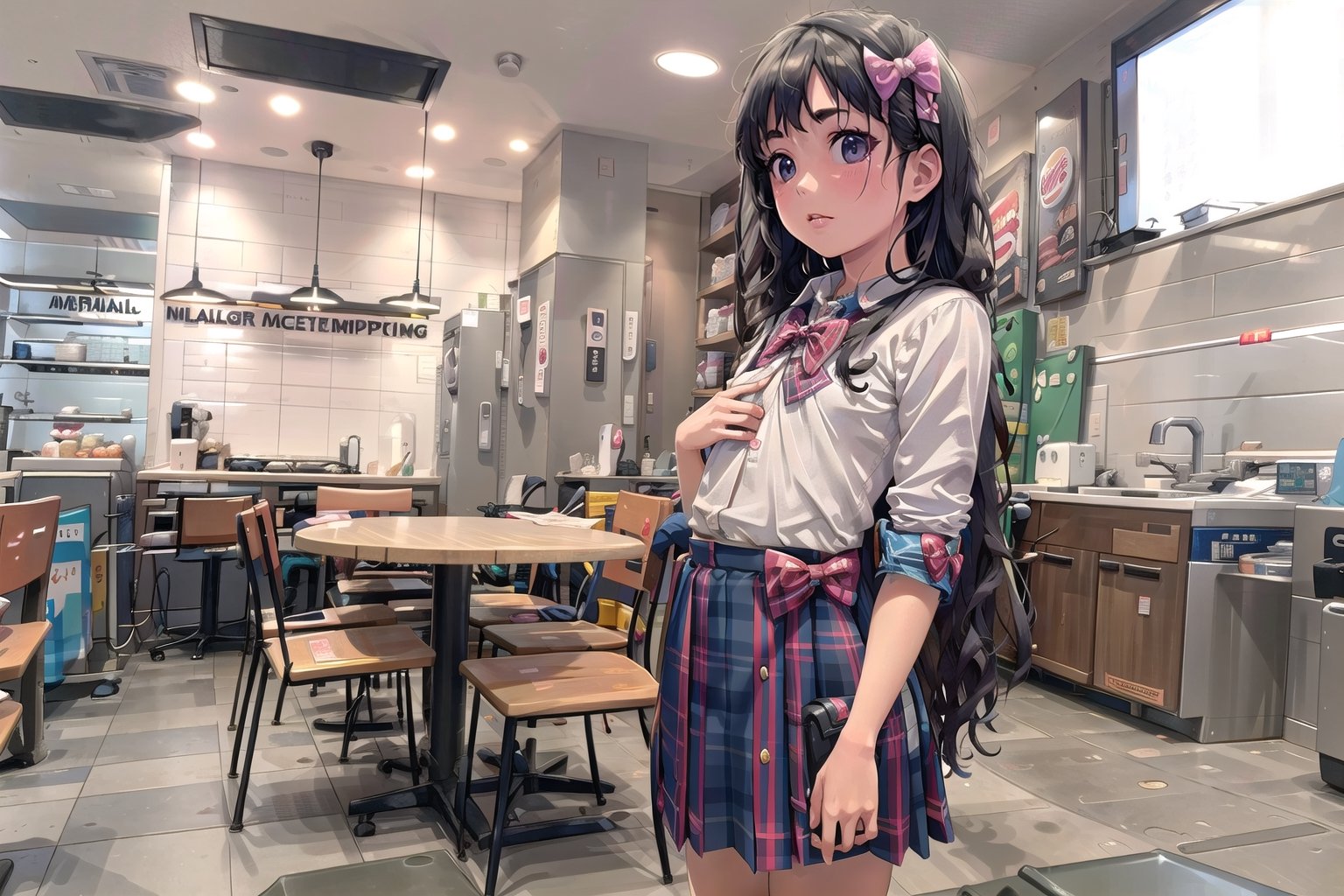(SFW:1.8), (masterpiece, best quality, awesome extremely realistic, high resolution:1.6), 1girl, solo, Japanese, 17yo, (tall:0.8), 
BREAK (black long hair, wavy hair:1.4), bangs, (tsurime:2.1), (very thin eyes:1.7), (thick eyebrow:1.4), closed mouth, (looking around:1.5), (blush:1.4), (flat chest:1.7), 
BREAK school uniform, (plaid bow:1.5), (round collared cutter shirt:1.6), (plaid midi skirt:1.7), black socks, Brown rofers
BREAK from back, standing, carrying backpack, unmoving pattern, 
sunlight, blue sky, ,burgerking