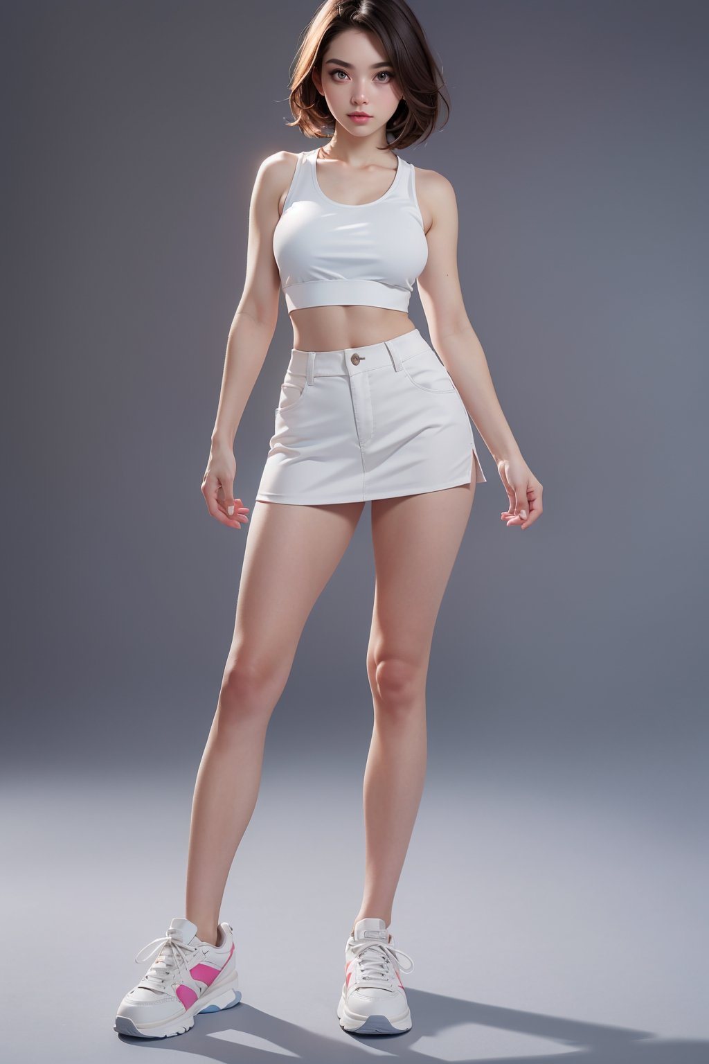 masterpiece,  best quality,  photorealistic,  8k raw photo,  sole_female,  standing pose,  beautifull face,  white crop tank top,  mini skirt,  sneakers,  looking on viewer, blurry_light_background,  medium_breasts,  detailed,  perfect body,  perfect hand, 