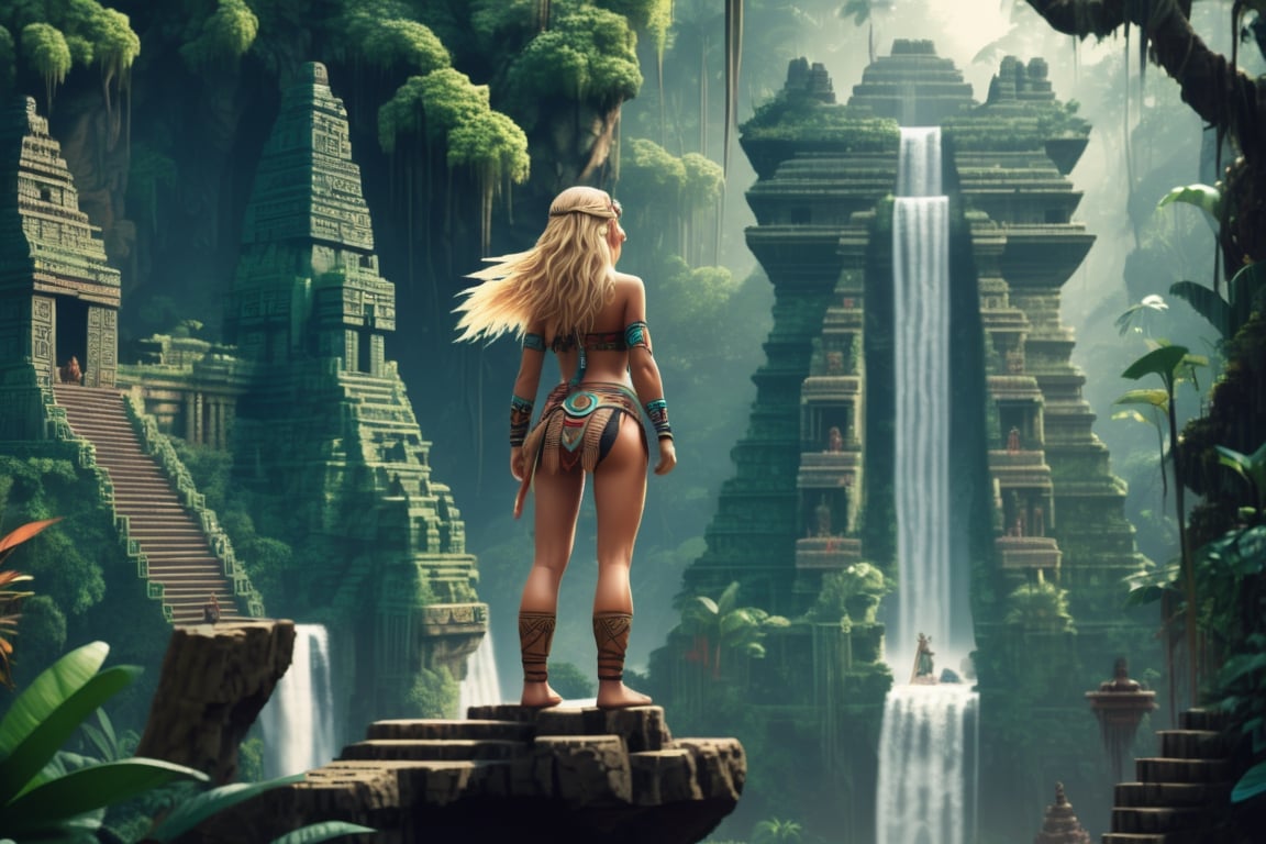 Portrait from behind of a scantily clad blonde female amazon warrior in skimpy clothes standing on a branch high up in the air looking at a ancient mayan aztec temple far away in the distance in a lush jungle with waterfalls, she is bare footed wearing a primitive strapless jungle leotard thong made of plants, she has long wavy blonde hair, the temple has rock carvings and huge statues, (focus on the temple), low resolution, hyperdetailed pixel art, fantasy art, retro art, clean art, retro style, 150 mm lens, cinematic shot, perfect angle, Chrono Trigger art direction, Chibi, Underwater space fighter (Epic composition, epic pose, epic proportion, epic fantasy,) (Hyperdetailed, finest detail, ultra detailed, intricate), contrast, (Octane render, volumetric lighting, 3d render, reflection, ray tracings, voxel render, depth of field, bokeh), HD, UHD, masterpiece, professional work,