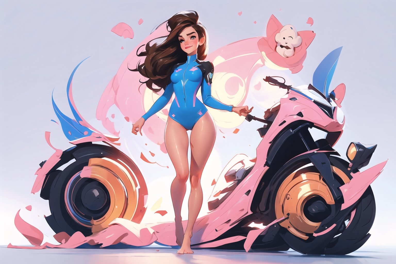 full body view of Adult Emma Watson as D.VA from overwatch in her classic blue and pink textile full bodysuit uniform standing still looking at viewer, slim body, long wavy brown red floating hair, bangs, cute smile, shy grin, Full body, Perfect composition golden ratio, masterpiece, best quality, 4k, sharp focus, perfect anatomy, no shoes, beautiful feet, perfect feet, beautiful toes, visible toes, full body, full body shot, 1female, action pose, big breasts, blue thong, full body, transparent background, no shoes, bare feet, naked feet, beautiful feet, perfect feet, thick thighs, thigh gap, cameltoe, big breasts, hard nipples, perky tits,veronica,SAM YANG