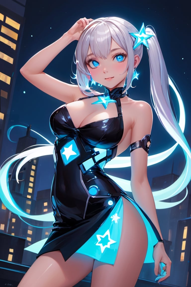 (masterpiece, best quality, ultra-detailed, highres, best illustration),perfect face, ((solo, solo focus, kawaii, neon rim lighting, neon back lights )),side lighting, epic, illustration, render, volumetric lighting, welcoming, see-through gossamer, lustrous skin,(bloom), (shine), 1girl, solo, looking at viewer, blush, smile, open mouth, blue eyes, large breasts, hair ornament, dress, cleavage, twintails, medium breasts, upper body, white hair, grey hair, one eye closed, teeth, sleeveless, hairclip, star (symbol), sash, clothing cutout, eyelashes, sleeveless dress, obi, cleavage cutout, ;d, claw pose specular highlights, neon theme, neon futurism, dynamic angle, dynamic pose,city background