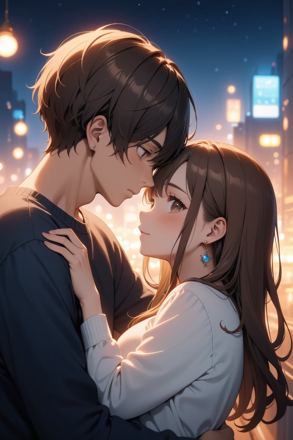 portrait, full body, (masterpiece), best quality, high resolution, highly detailed, detailed background, 1girl, 1boy, long_hair, hug, night, black_hair, Man_hugs_girl_from_behind, shirt, hetero, looking_at_viewer, brown_hair, night_sky, couple, sky, long_sleeves, jewelry, earrings, cityscape, ambient lighting,Dreamyvibes Artstyle