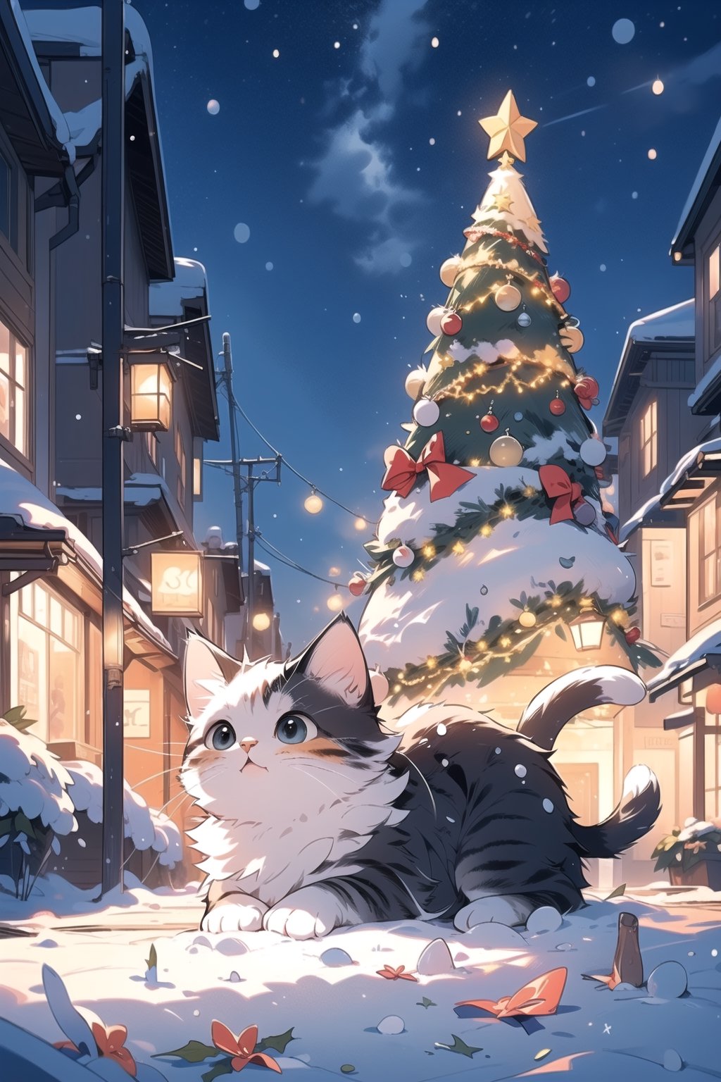 (masterpiece, best quality, ultra detailed, 8k, intricate details), cute cat, christmas headwear, christmas, winter, snow, street christmas decoration, tree christmas, wallpaper, ambient lighting,cat