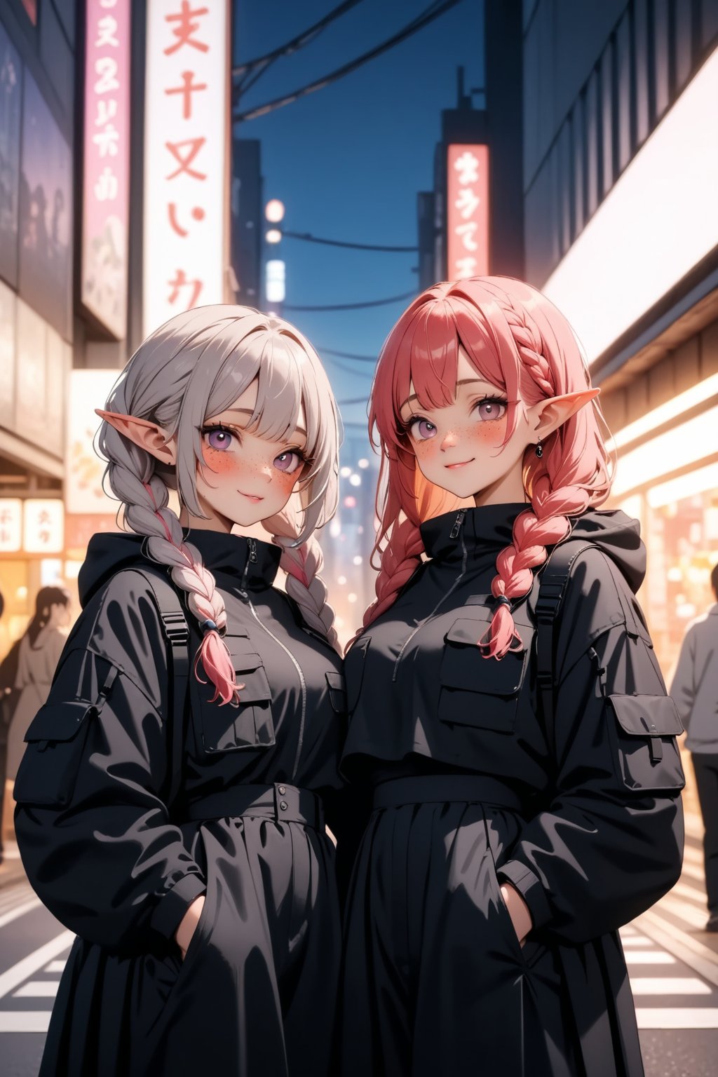 hussy, (masterpiece), best quality, high resolution, highly detailed, detailed background, smile | (masterpiece, best quality, ultra-detailed, 8K),((3 girls)),(picture-perfect face,freckles,blush,(elf), (multicolored hair,pink/platinumblonde hair),braids,,makeup, night, street, tokyo, beautifully detailed | sunset, ambient lighting,Dreamyvibes Artstyle,dark_techwear