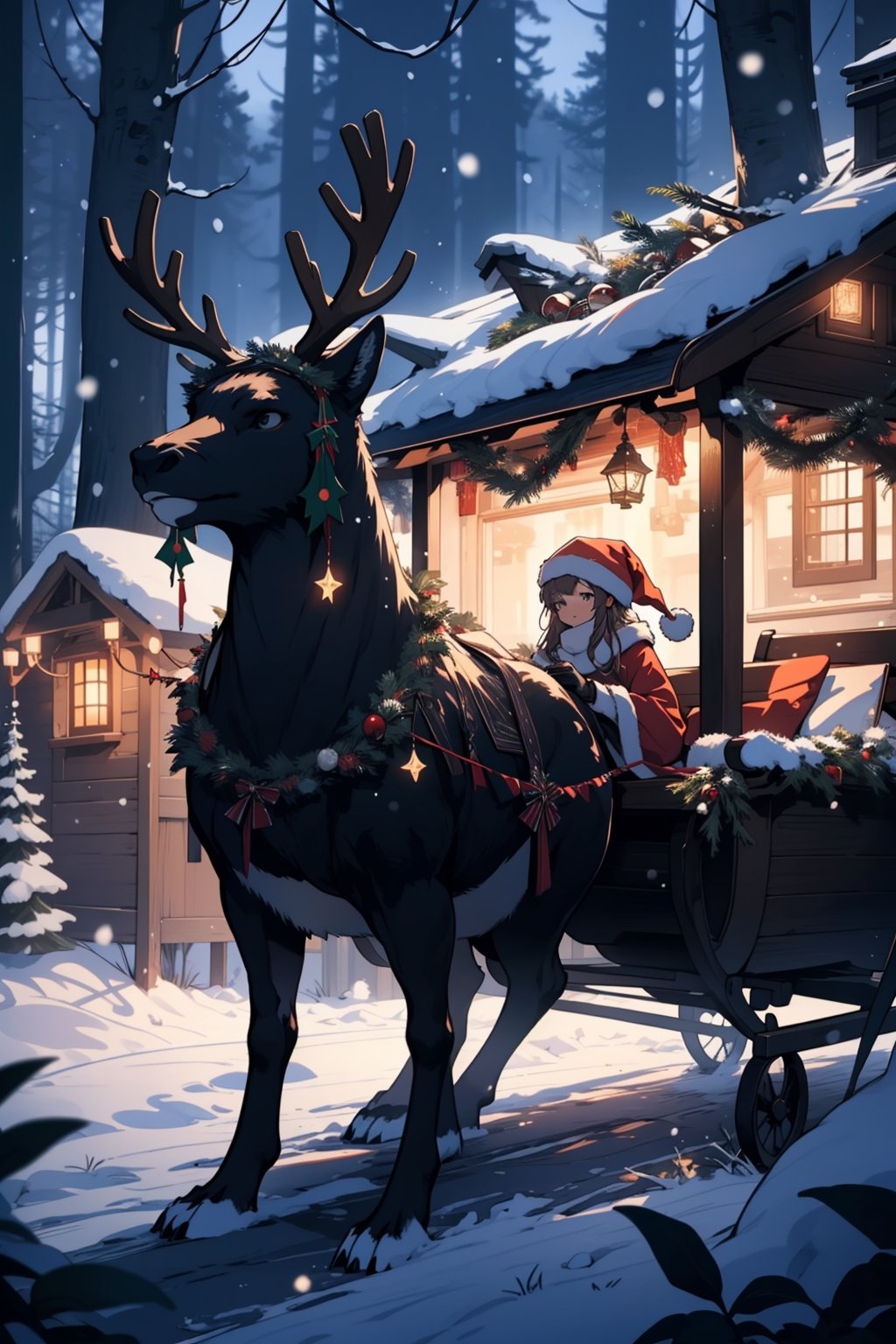 (masterpiece, best quality, ultra detailed, 8k, intricate details), reindeer, santa's sleigh(santa claus sitting sleigh), winter, forest, wallpaper, ambient lighting, lofi ambient, night, midjourney