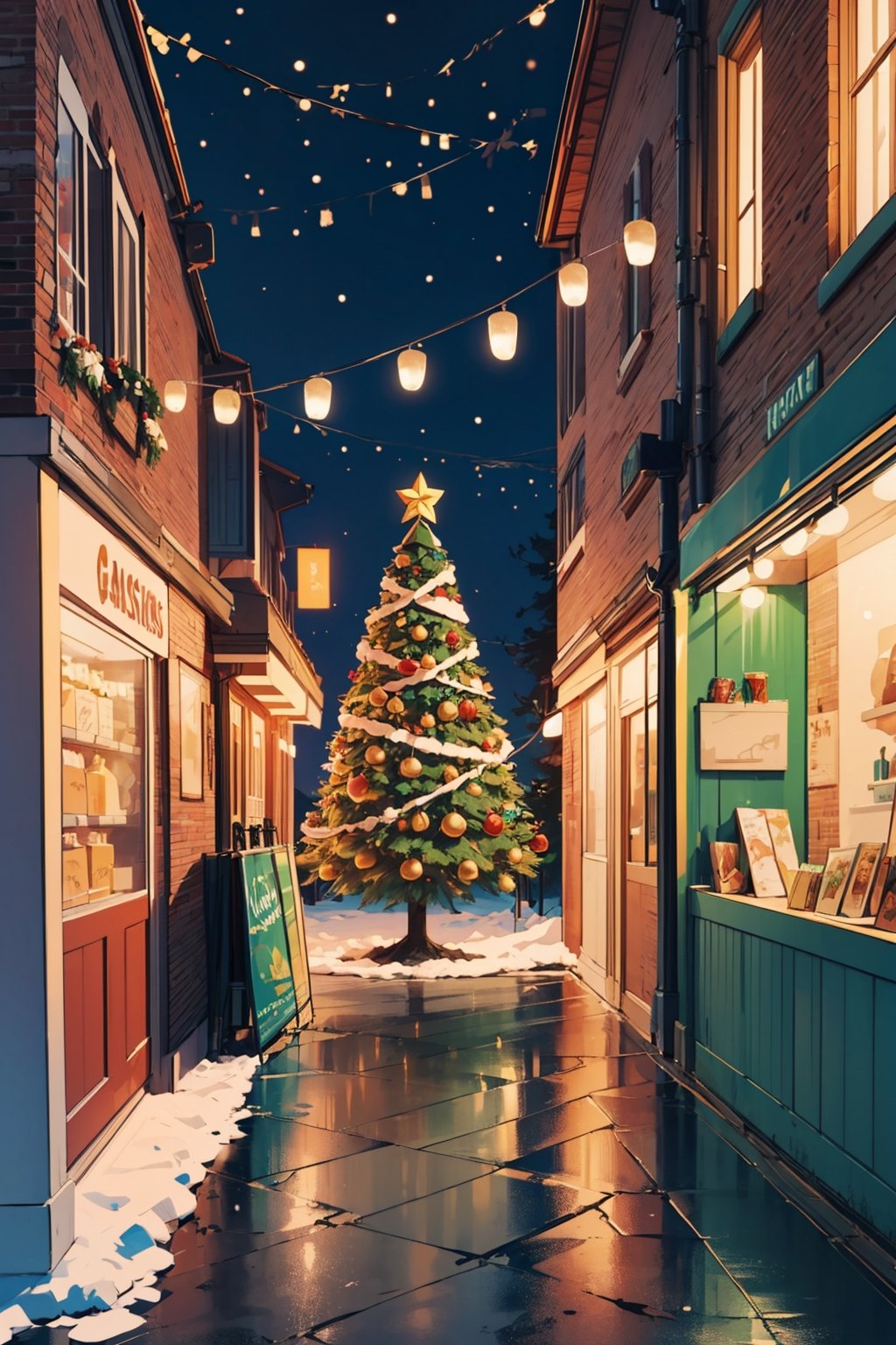 (masterpiece, best quality, ultra detailed, 8k, intricate details), christmas, christmas decoration, street, decoration shop, wallpaper, ambient lighting, lofi ambient