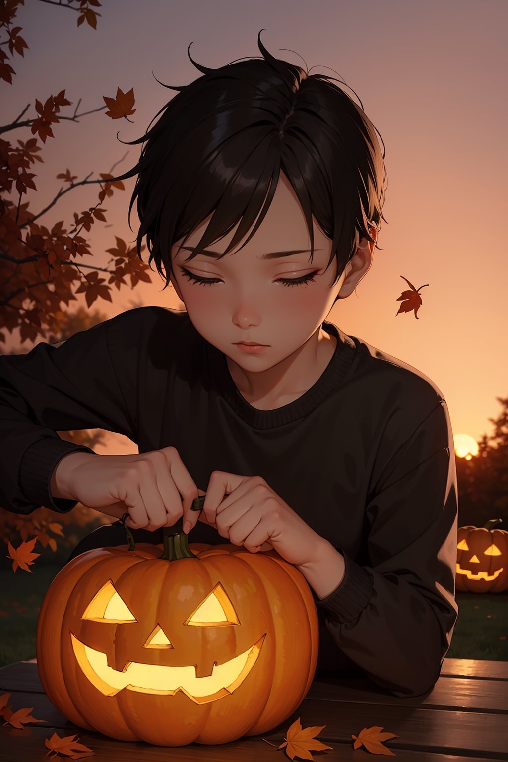 (masterpiece, best quality), boys and girls 10yo, making jack o lantern, sunset, automn, falling leaves, country, wallpaper, details background, ambient lighting