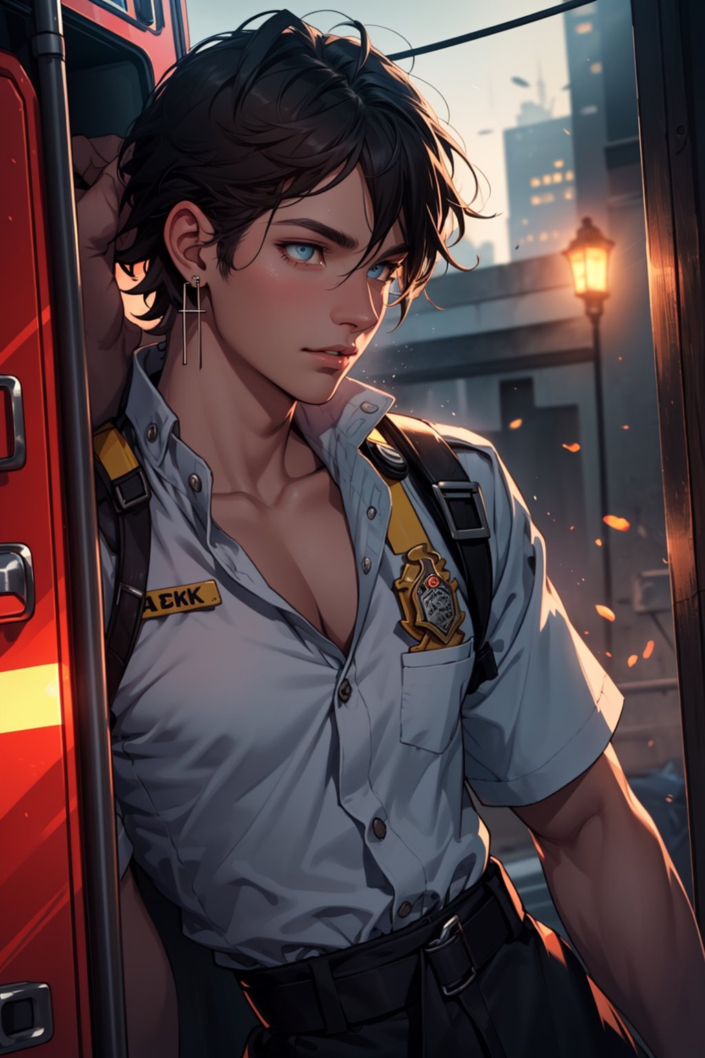 (masterpiece, best quality, ultra detailed, 8k, intricate details), 1man, firefighter, firefighter clothes, firestation, lovely face, city, eyes, hair, earrings, lips, beautiful eyes, lips, short hair, brushing hair, hourglass body, collarbone, narrow waist, wallpaper, details background, ambient lighting