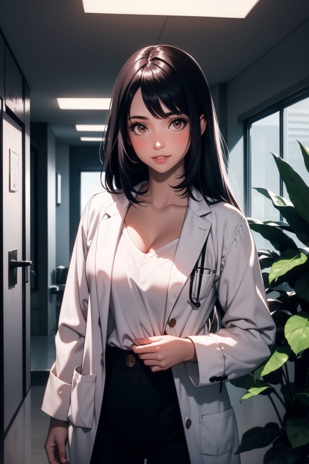 realistic, view_from_below, lovely girl, woman doctor, doctor's coat, pants, low-cut shirt, corridor hospital(, windows, plants), pleasure, pleasure_face, parted lips, blush, makeup, light smile, medium natural breast, glow, collarbone, narrow waist, long hair, (masterpiece, best quality), night, neon, neon colors, wallpaper, details background, ambient lighting,ppcp