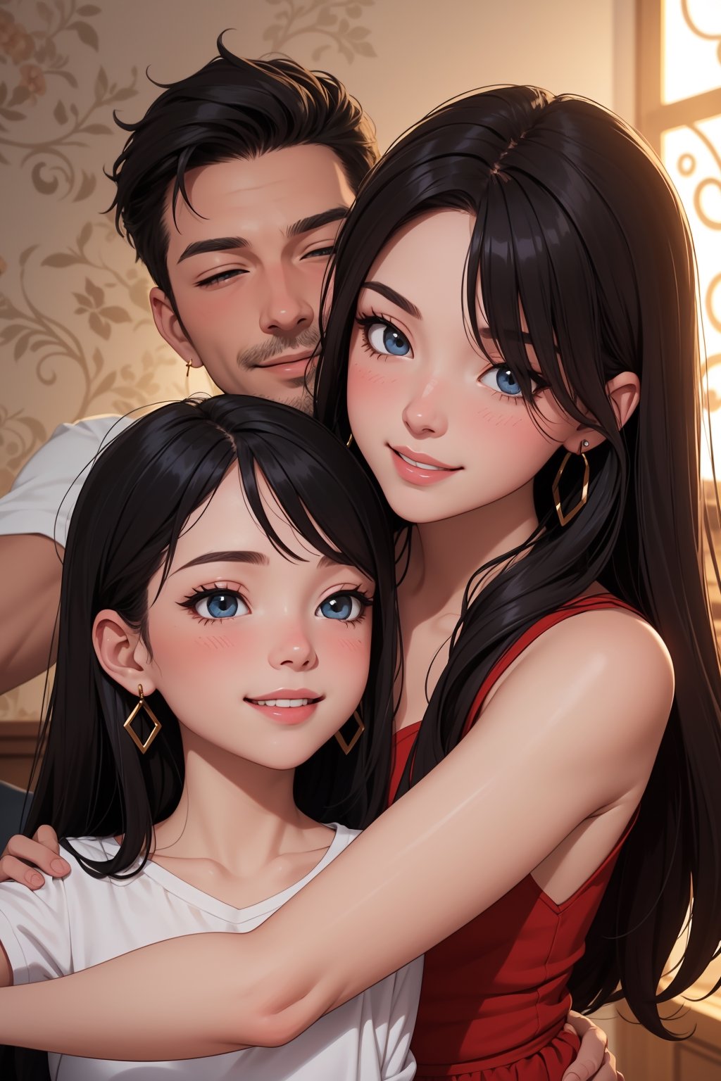 (masterpiece, best quality), family(son, daughter, dad, mom) embracing and hugging, selfie, beautiful eyes, beautiful face, happy face, blush, lips, black hair, straight messy long hair, hair over one eyes, hourglass body, collarbone, narrow waist, earings, smile, wallpaper, details background, ambient lighting