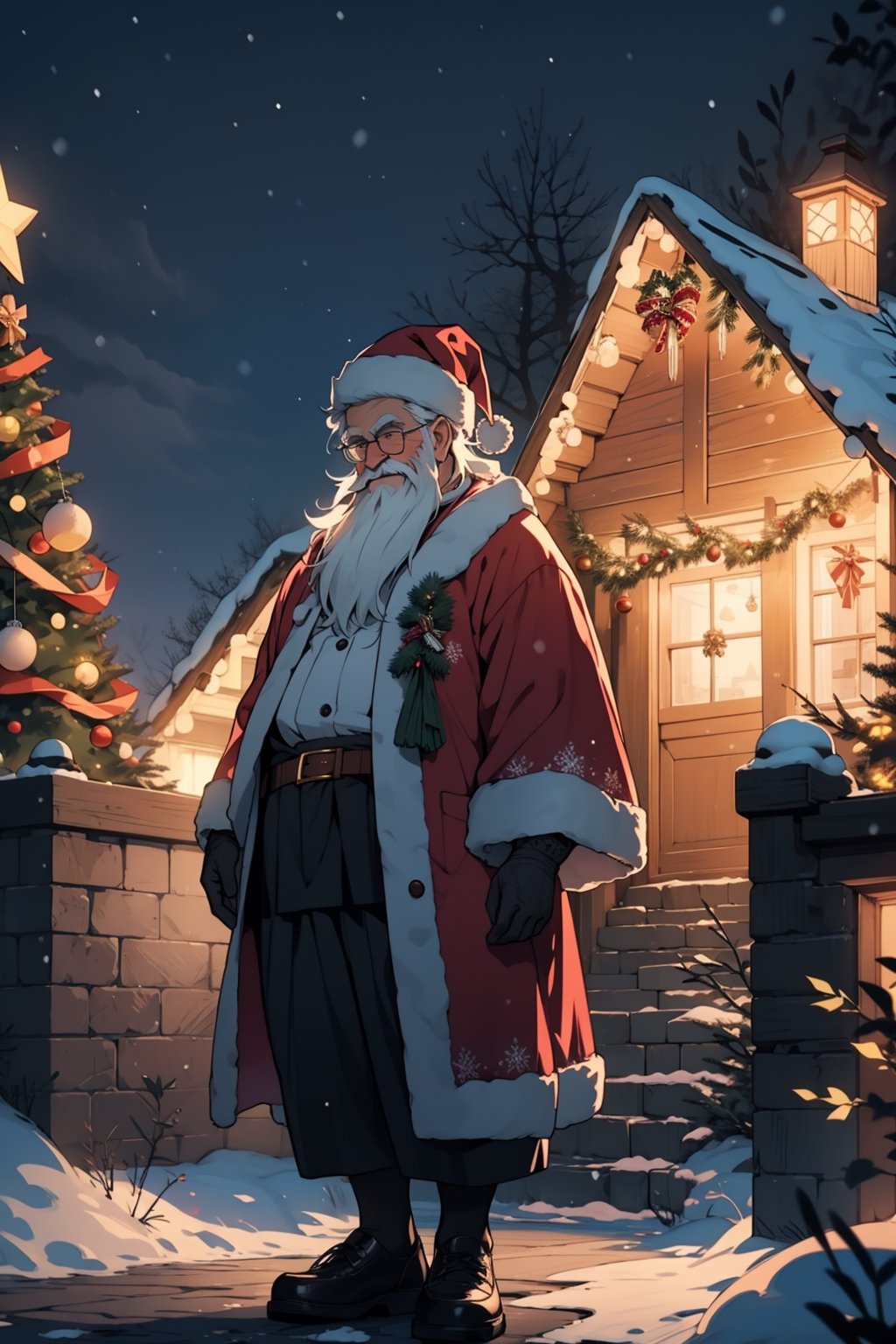 (masterpiece, best quality, ultra detailed, 8k, intricate details), full body, 1girl(small daughter), 1man, old man, beautiful eyes, long hair, long beard, fat body, happy face, christmas, winter, christmas decoration, tree christmas, cottage, chimney, wearing santa costum, wallpaper, ambient lighting, lofi ambient, night, midjourney