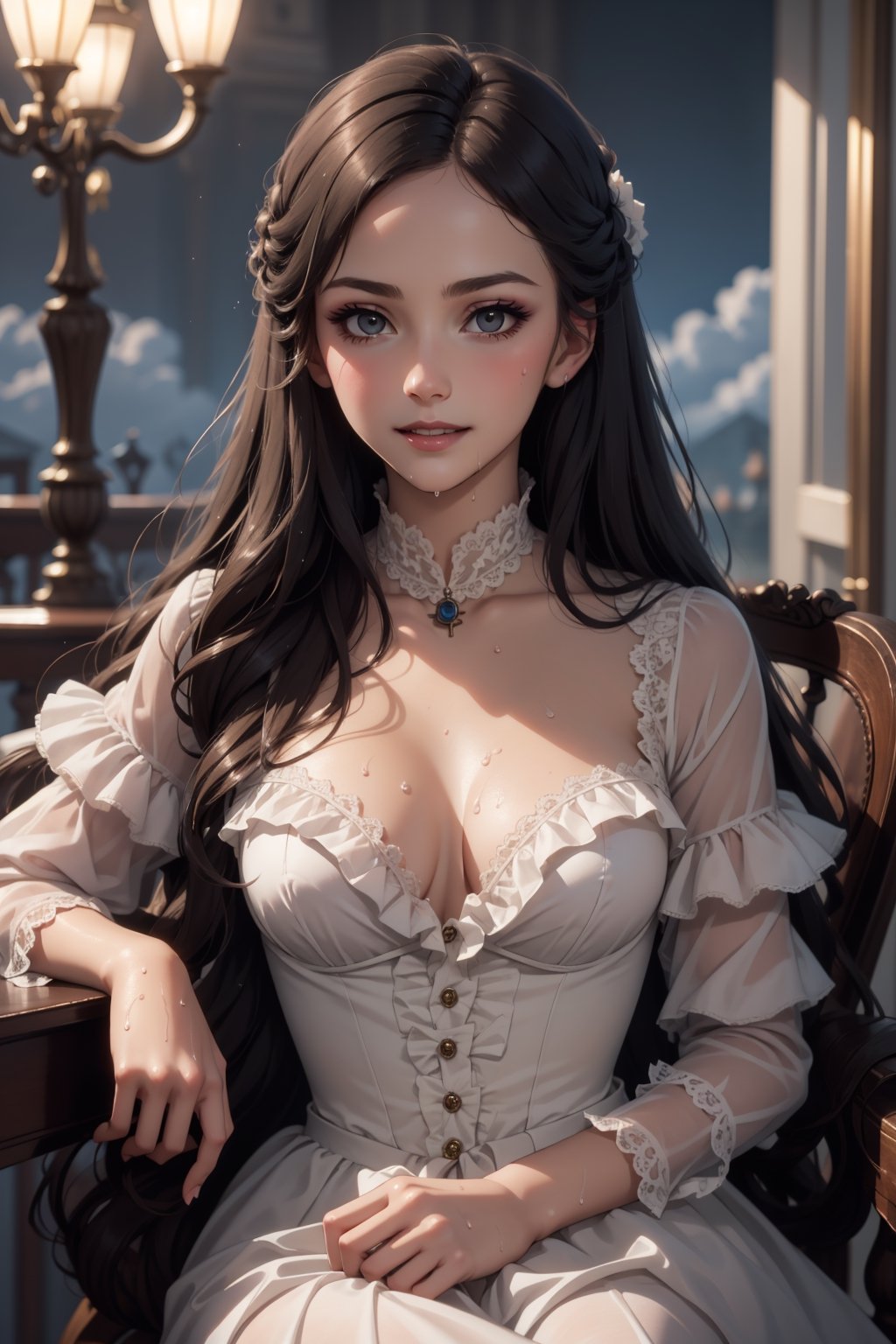 realistic, 1woman, wearing victorian era dress, halloween, vampyr, sensually pose, wet_clothes, parted lips, blush, makeup, light smile, perfect natural breast, beautiful face, glow, collarbone, narrow waist, (masterpiece, best quality), nipples, castle, halloween decoration, wallpaper, clouds, sky, night, storm, details background, ambient lighting,VICTORIAN DRESS