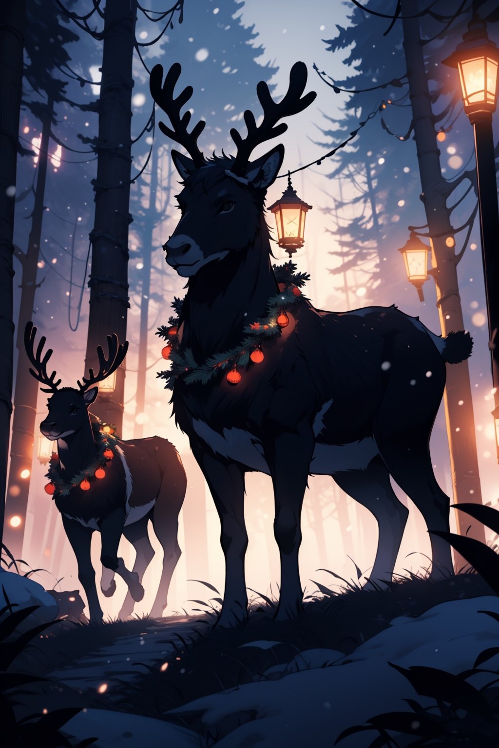 (masterpiece, best quality, ultra detailed, 8k, intricate details), reindeer, reindeer of santa claus, winter, forest, wallpaper, ambient lighting, lofi ambient, night, midjourney