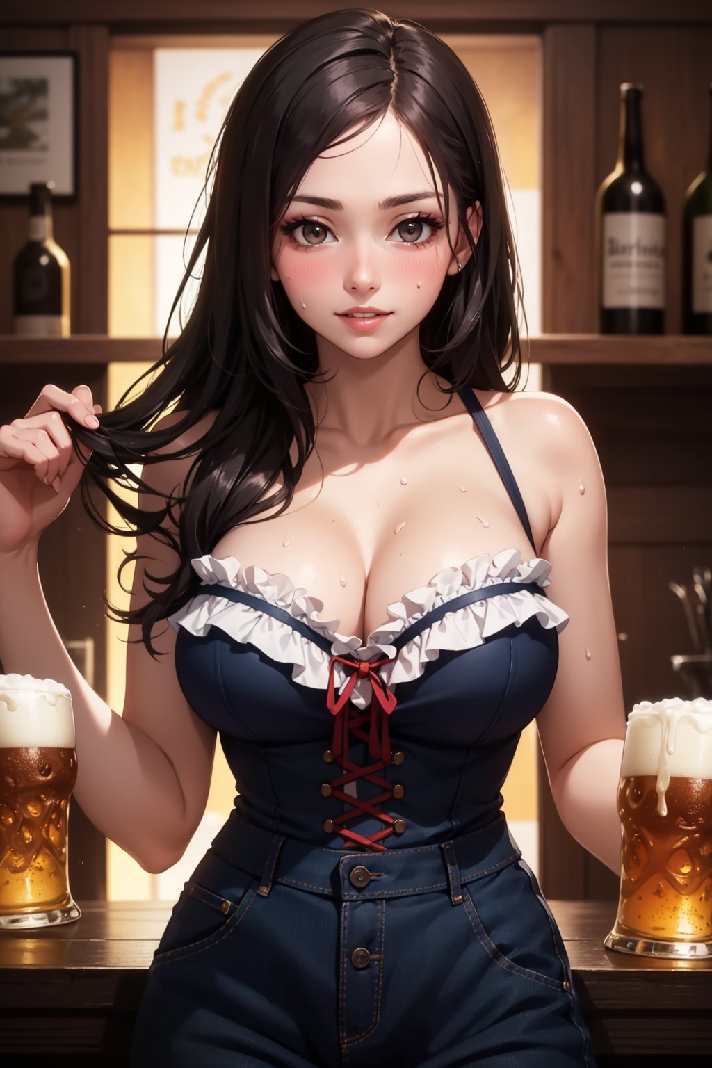 realistic, 1girl, wearing oktoberfest clothes, in a pub, looking viewer, from bellow, lifting clothes, looking viewer, sensually pose, sweat, looking viewer, parted lips, blush, makeup, light smile, perfect natural breast, glow, collarbone, narrow waist, long hair, (masterpiece, best quality), wallpaper, details background, ambient lighting