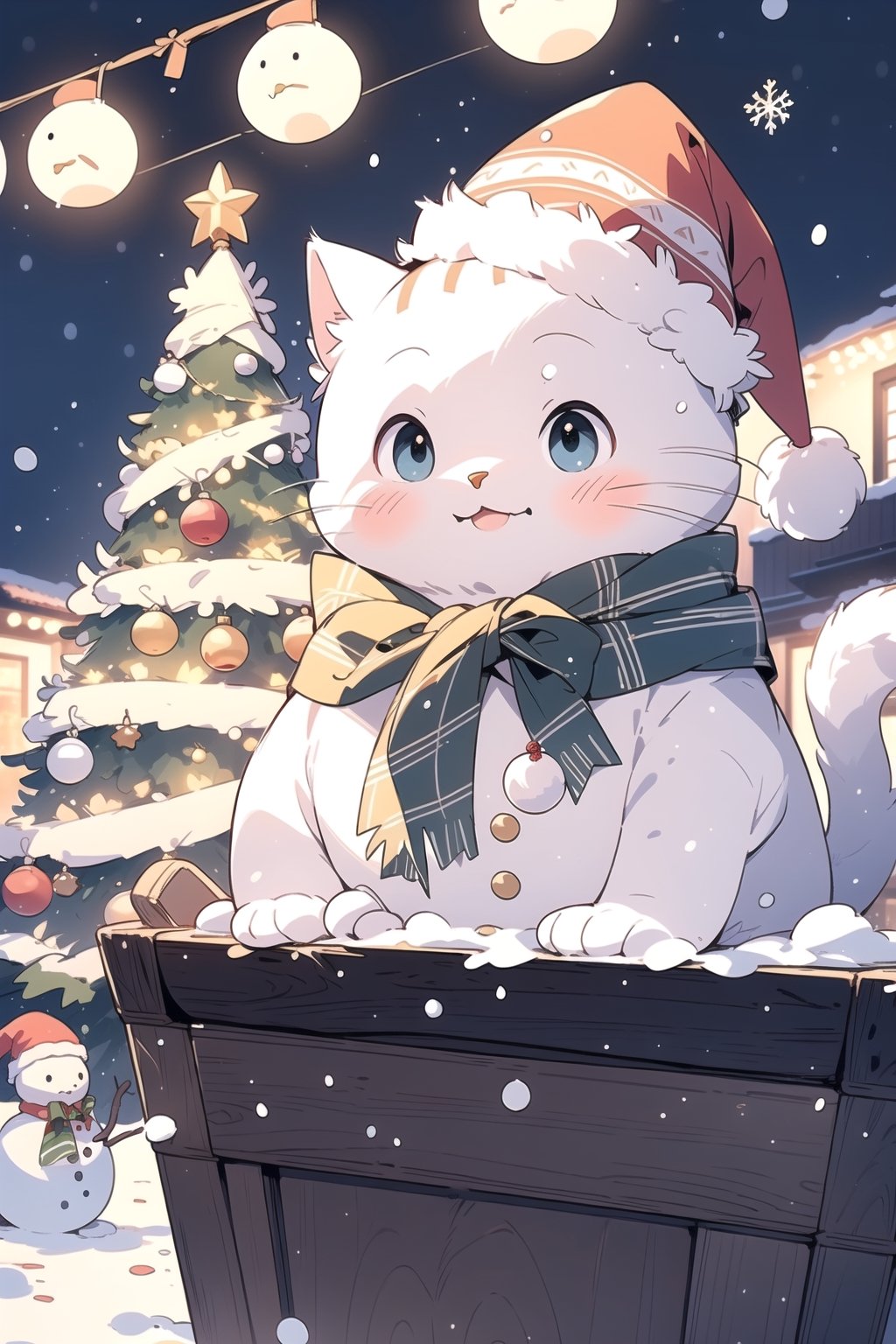 (masterpiece, best quality, ultra detailed, 8k, intricate details), cute cat, christmas headwear, snowman, christmas, winter, snow, street christmas decoration, tree christmas, wallpaper, ambient lighting,cat