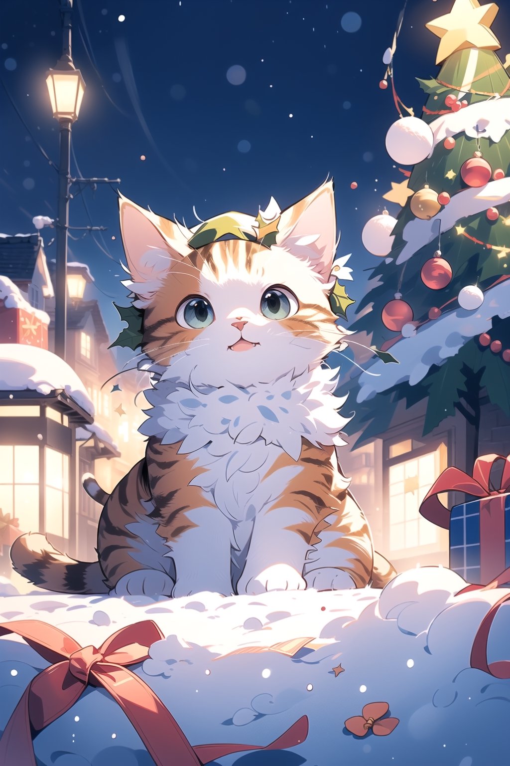(masterpiece, best quality, ultra detailed, 8k, intricate details), cute cat, christmas headwear, christmas, winter, snow, street christmas decoration, tree christmas, wallpaper, ambient lighting,cat