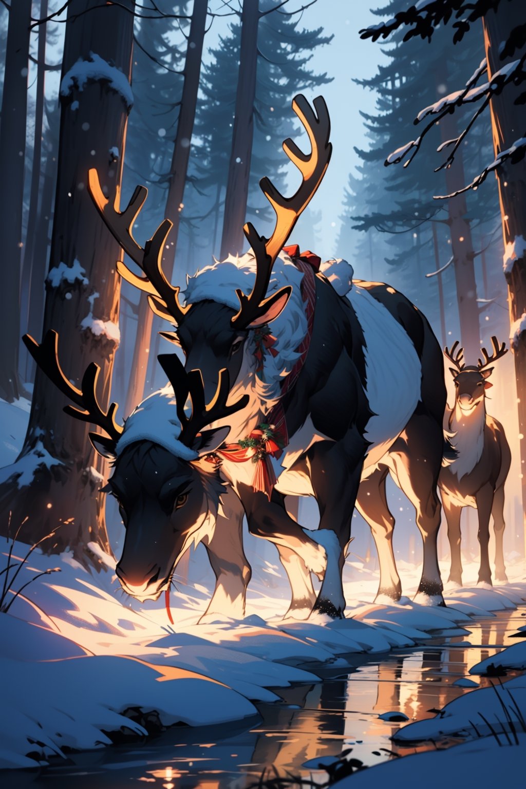 (masterpiece, best quality, ultra detailed, 8k, intricate details), reindeer, reindeer tied to the santa's sleigh, winter, forest, wallpaper, ambient lighting, lofi ambient, night, midjourney