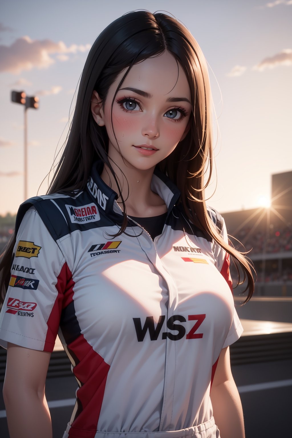 realistic, 1girl, wearing racing driver clothes, pleasure_expression, sensually pose, nascar racetrack background, sweat, looking viewer, parted lips, blush, makeup, light smile, perfect natural breast, glow, collarbone, narrow waist, long hair, (masterpiece, best quality), wallpaper, sunset, details background, ambient lighting