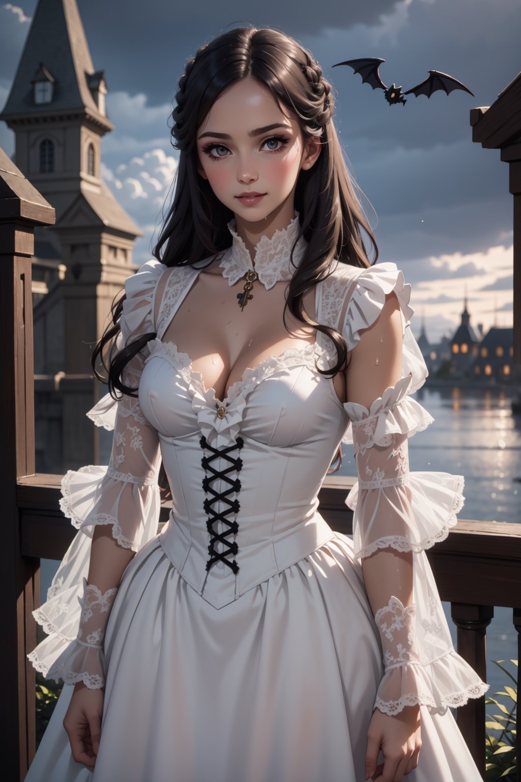 realistic, 1woman, wearing victorian halloween dress, vampyr, sensually pose, wet_clothes, parted lips, blush, makeup, light smile, perfect natural breast, beautiful face, glow, collarbone, narrow waist, (masterpiece, best quality), nipples, castle, halloween decoration, wallpaper, clouds, sky, night, storm, details background, ambient lighting,VICTORIAN DRESS