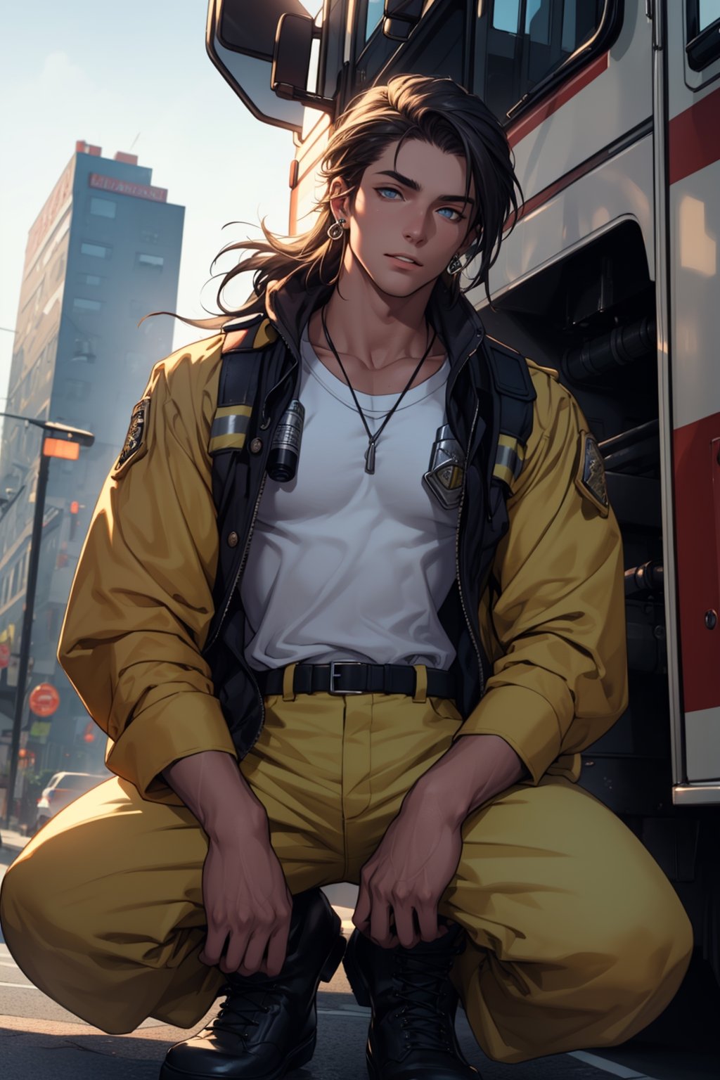 (masterpiece, best quality, ultra detailed, 8k, intricate details), 1man(40years), long hair, long beard, burn skin, firefighter, firefighter clothes, pants, boots, jacket, tshirt, firestation, lovely face, city, eyes, hair, earrings, lips, beautiful eyes, lips, short hair, brushing hair, hourglass body, collarbone, narrow waist, wallpaper, details background, ambient lighting