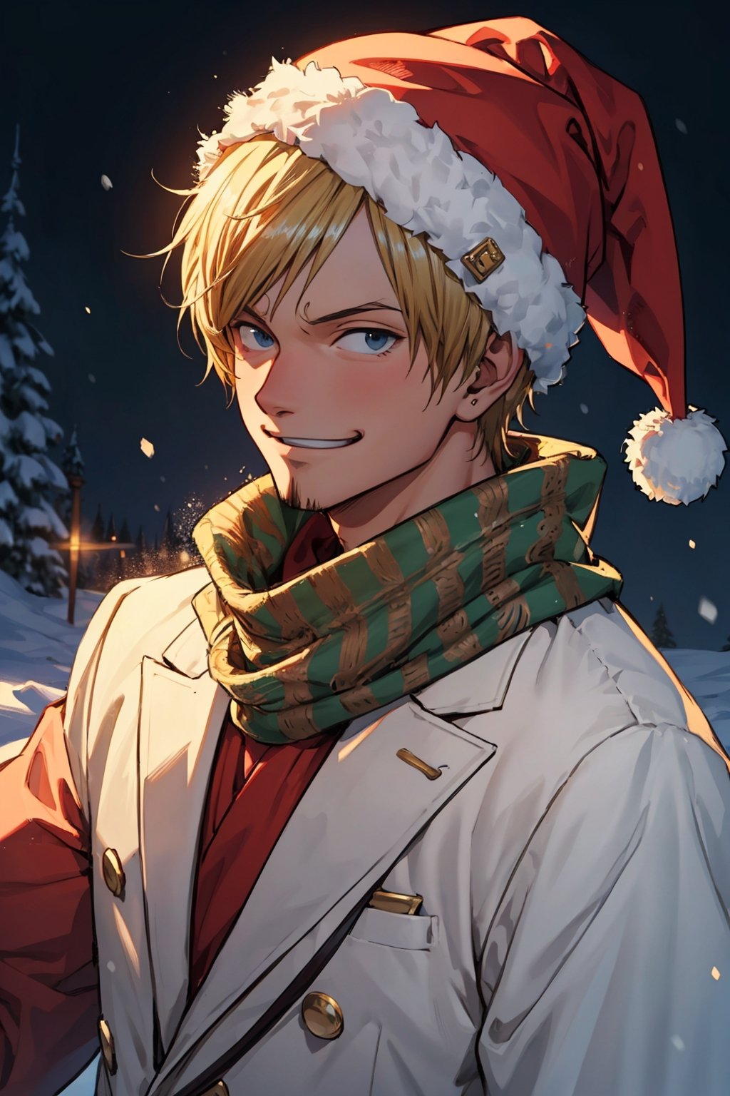 (masterpiece, best quality, ultra detailed, 8k, intricate details),sanji, one piece, christmas hat, happy face, winter