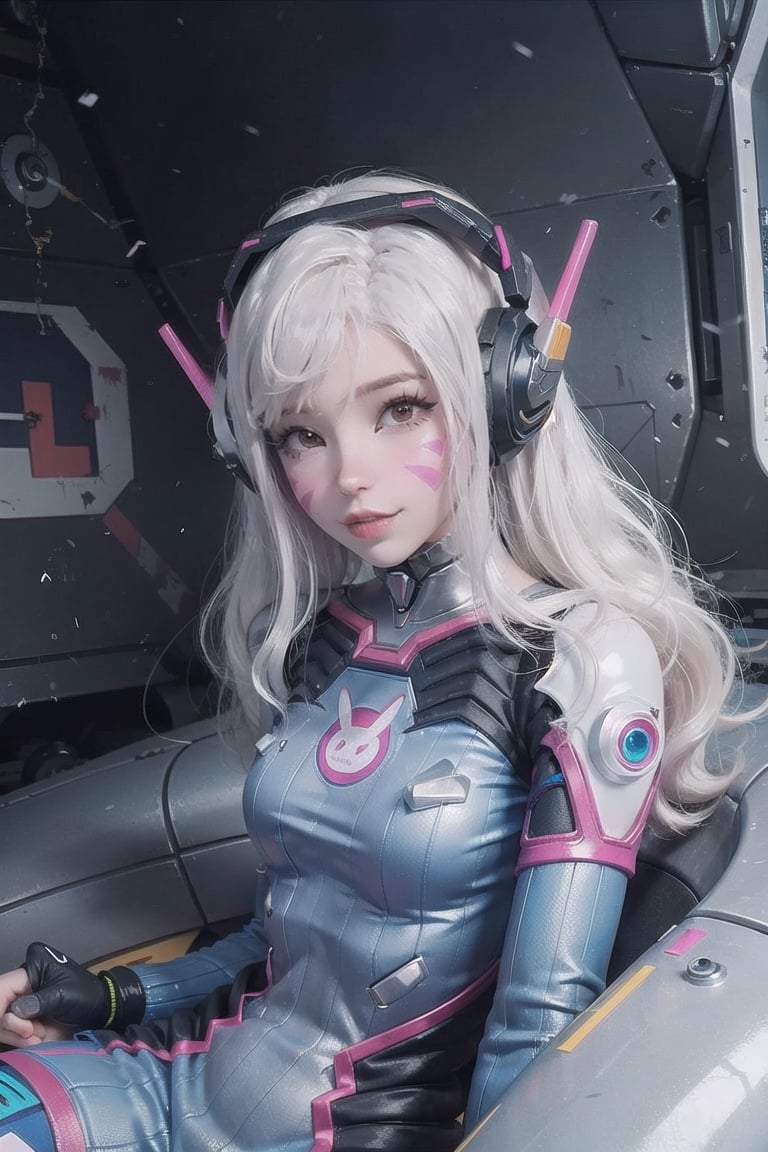 Girl in d.va suit, white hair, Long hair, (whisker markings:1.4), headphones