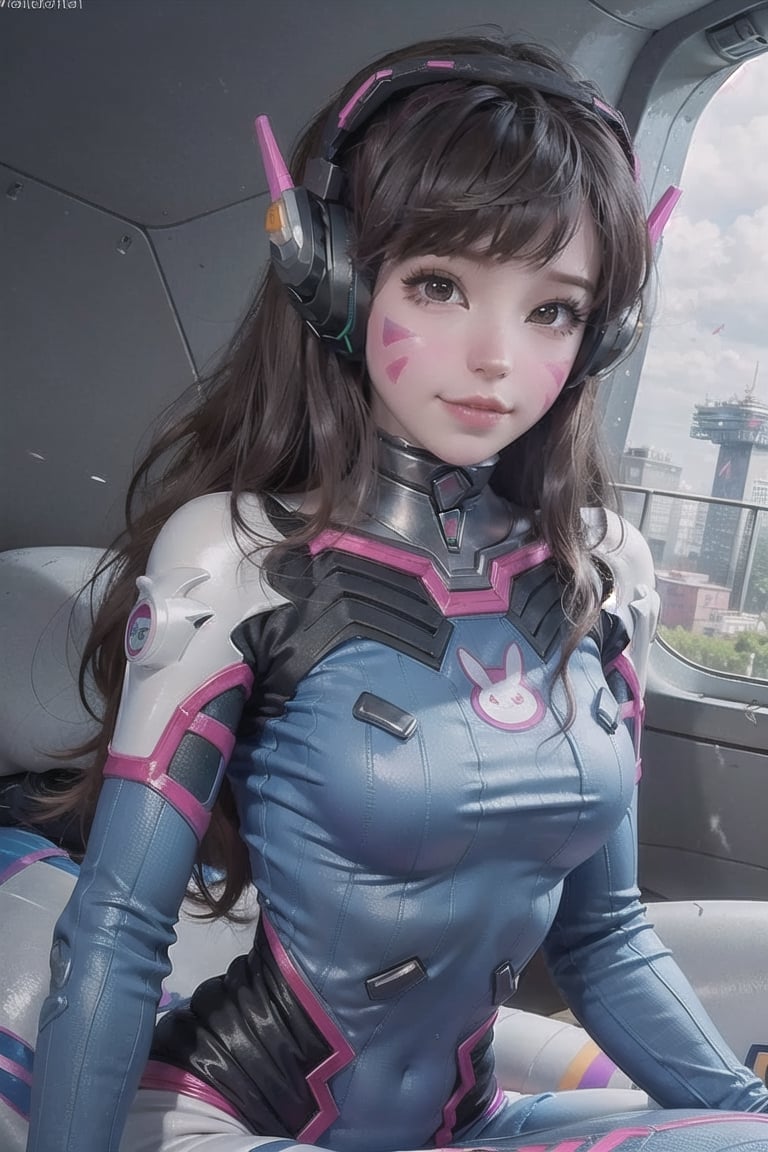 Girl in d.va suit, black hair, Long hair, (whisker markings:1.4), headphones