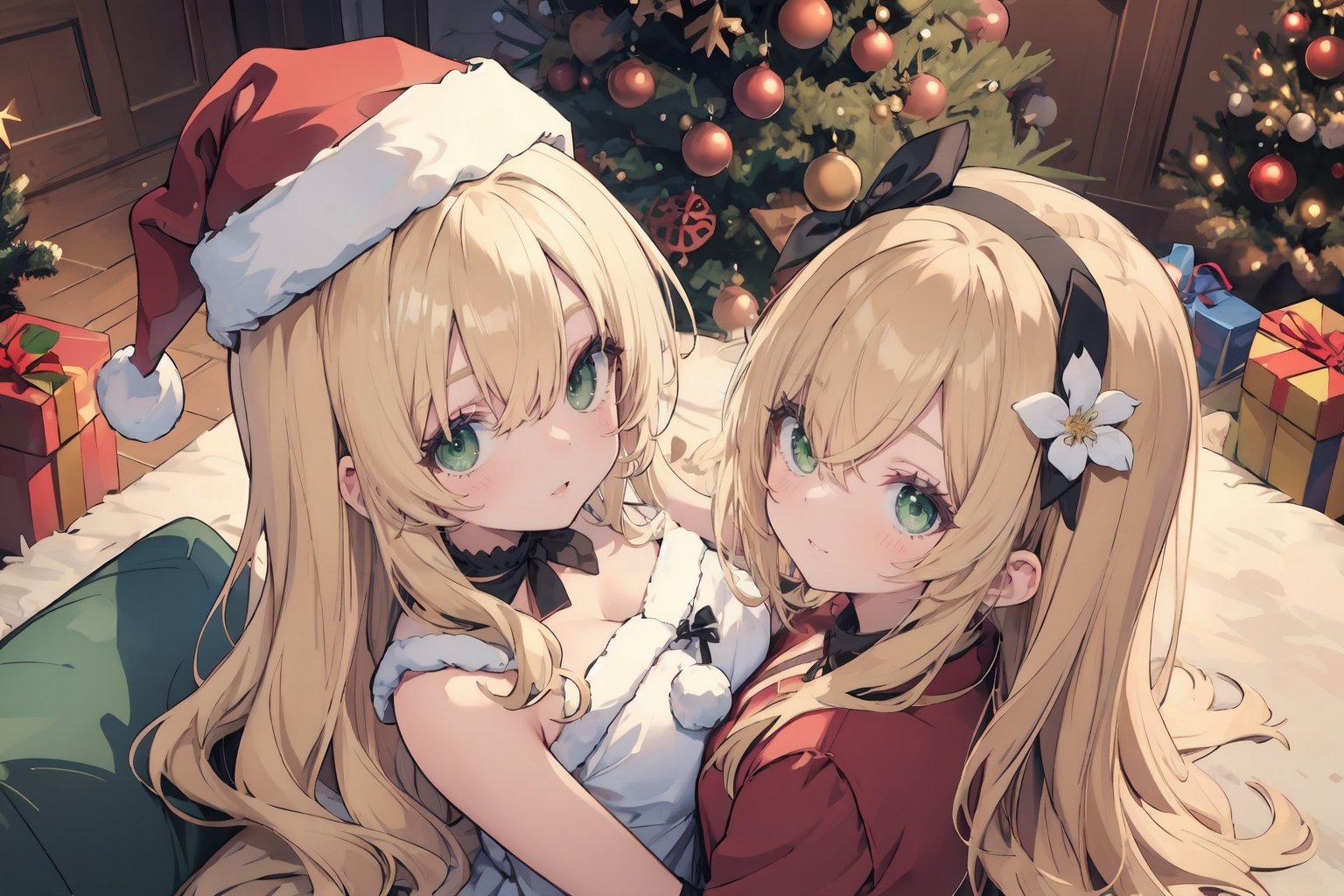 cute girl,blonde hair:1.3,long hair, wavy hair,hair over one eye:1.5 ,green eyes,masterpiece, best quality, highly detailed, hair flower,hair_over_eye ,
2girls sitting on sofa:1.3,santa hat,multiple girls：1.3,from above,close-up:1.4,face focus:1.3,yuri,grin,
christmas,christmas tree,indoor,carpet,

