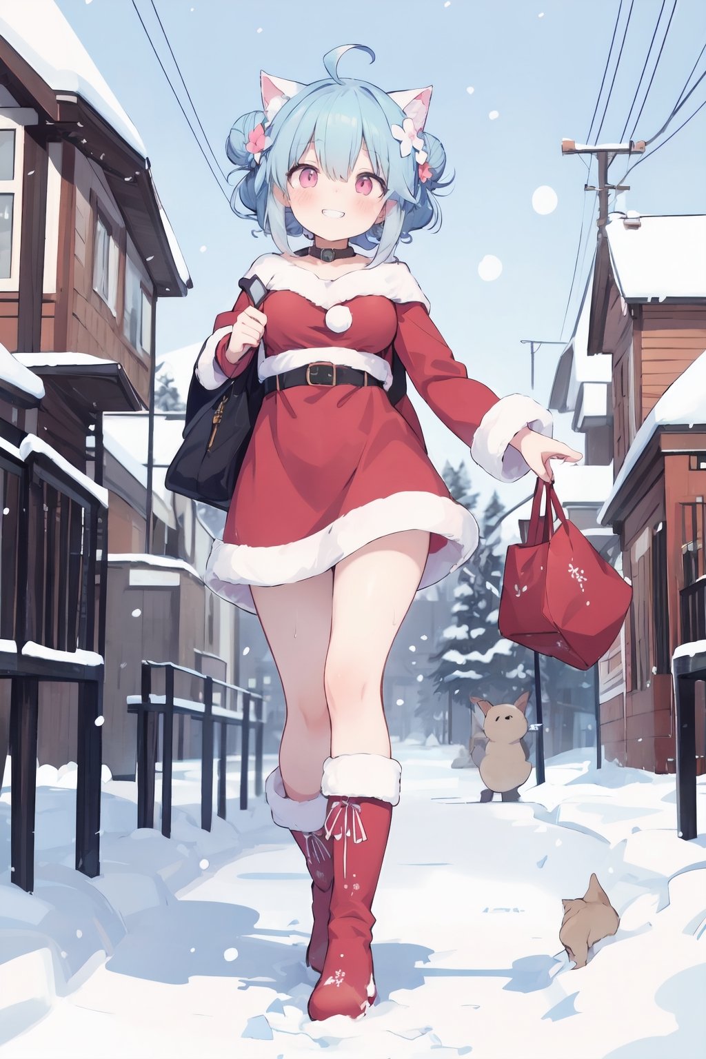 cute girl,bid breasts,sweat, blue hair:1.3,drill hair,hair bun,ahoge ,short hair,pink eyes, hair flower,cat ear,pet collar,detailed hair,detailed eyes,detailed face,Masterpiece, high quality, beautiful wallpaper, 16k, animation, illustration,

santa girl,snow,winter,street,chrismas tree,boots,full body,
full blush,grin,
walking,



