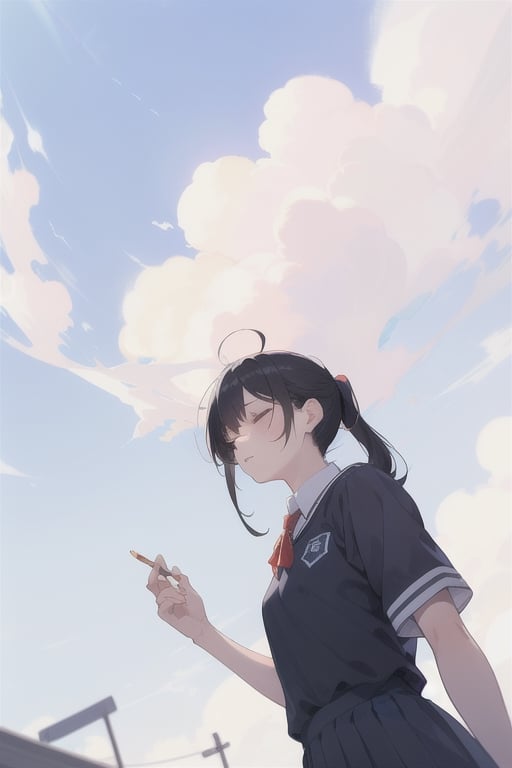 cinematic angle ,blue sky with clouds,incredibly_absurdres,high ponytail,black_hair/black_eyes,arm up,school uniform,lovely,from below,bangs,looking away,looking afar,messy_hair,half-closed eyes,wide shot,cigarette