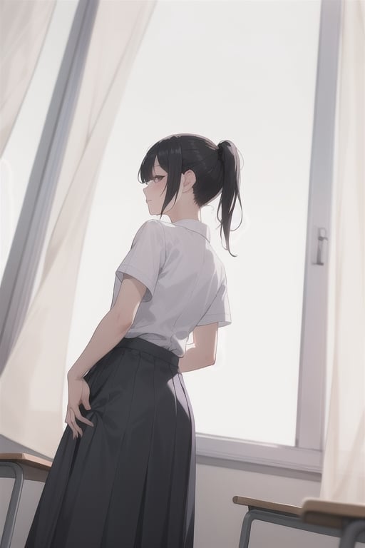 cinematic angle ,incredibly_absurdres,long_hair,high ponytail,black_hair,school uniform,from below,bangs,looking away,looking afar,messy_hair,half-closed eyes,wide shot,backlight,classroom,Long skirt,,floating curtains,smoking