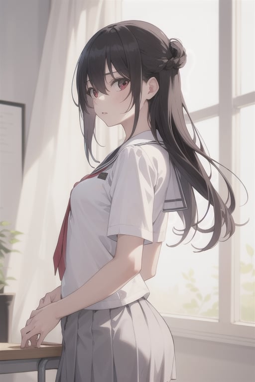 {best quality}, {{masterpiece}}, {highres}, original, extremely detailed 8K wallpaper, 1girl, {an extremely delicate and beautiful},,cinematic angle ,backlight,intense angle ,French window,solo,long_hair,floating hair,hair between eyes,black hair,red_eyes,one side up hair,looking back,standing,hand in own hair,school uniform,