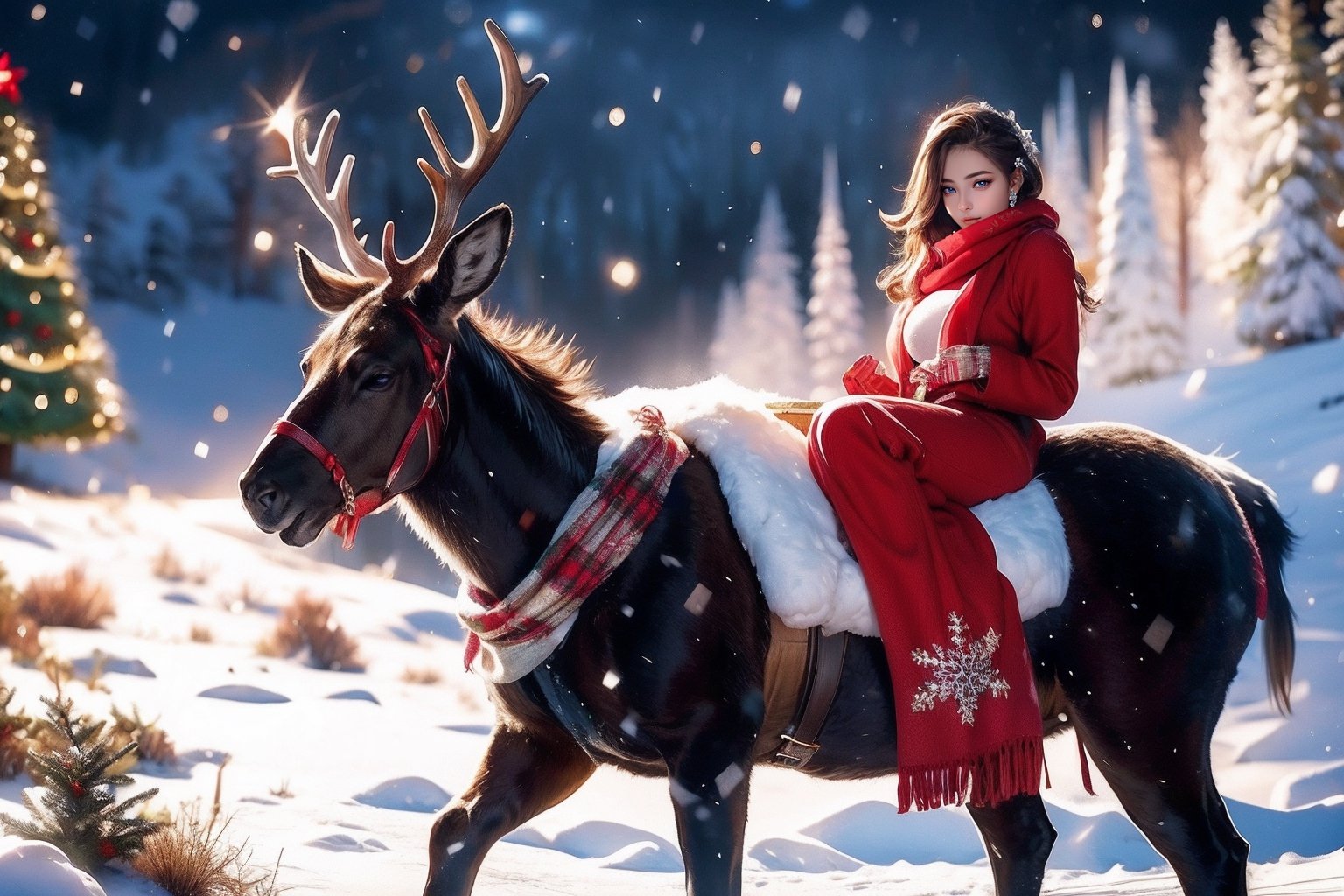 Outdoors, snowing, mountain road with blowing snow, beautiful girl in Christmas suit sits on the back of a deer,Christmas gifts are scattered on the ground, ((looks at camera)), high resolution, highly detailed, looking at viewer, sexy appearance, posing for Photoshoot, girl, red scarf, full body, sexy christmas outfit, 1 girl, reality, sntdrs, snowflakes, christmas,realistic