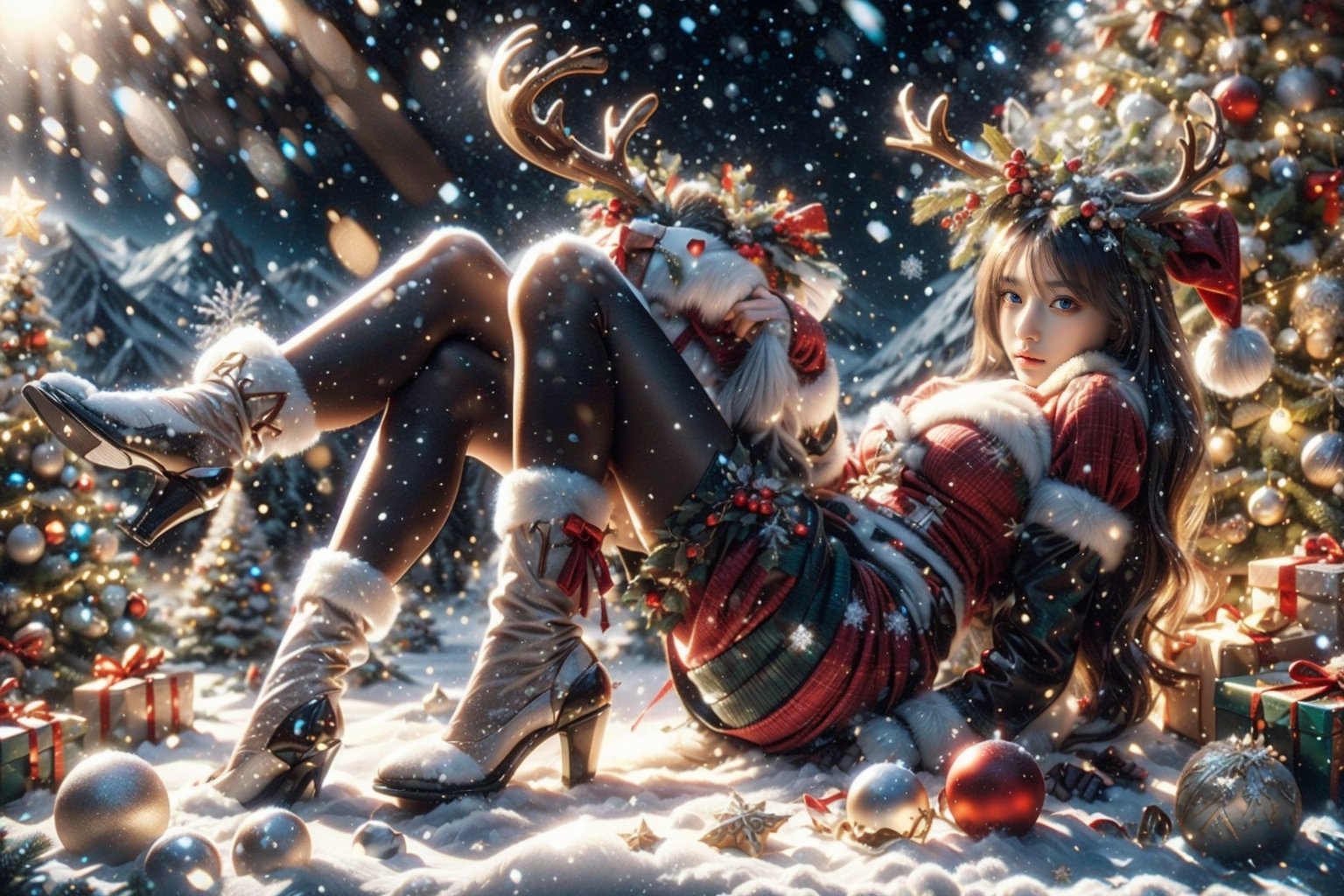 Outdoors, snowing, mountain road with blowing snow, beautiful girl in sexy christmas outfit, sitting on the back of a deer,Christmas gifts are scattered on the ground, ((looks at camera)), high resolution, highly detailed, looking at viewer, sexy appearance, posing for Photoshoot, girl, sexy christmas outfit, 1 girl, reality, sntdrs, snowflakes, christmas,realistic,ChristmasDecorativeStyle