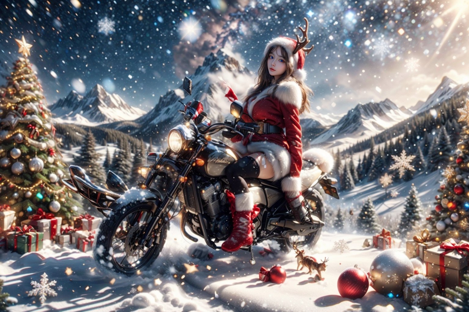 Outdoors, snowing, mountain road with blowing snow, beautiful girl in sexy christmas outfit, sitting on the back of a deer,Christmas gifts are scattered on the ground, ((looks at camera)), high resolution, highly detailed, looking at viewer, sexy appearance, posing for Photoshoot, girl, full body, sexy christmas outfit, 1 girl, reality, sntdrs, snowflakes, christmas,realistic,ChristmasDecorativeStyle