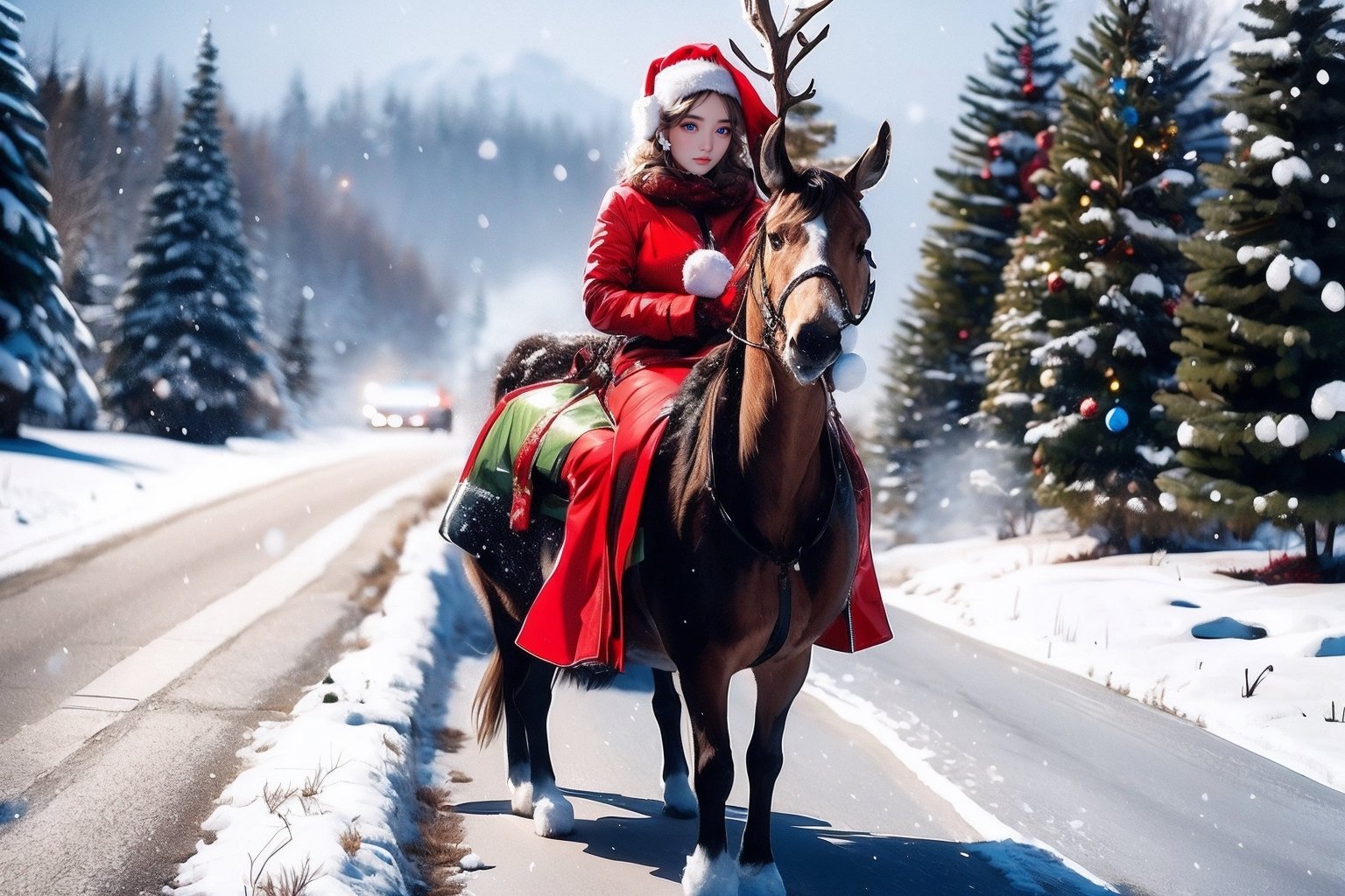 Outdoors, snowing, mountain road with blowing snow, beautiful girl in Christmas suit sits on the back of a deer,Christmas gifts are scattered on the ground, ((looks at camera)), high resolution, highly detailed, looking at viewer, sexy appearance, posing for Photoshoot, girl, full body, sexy christmas outfit, 1 girl, reality, sntdrs, snowflakes, christmas,realistic