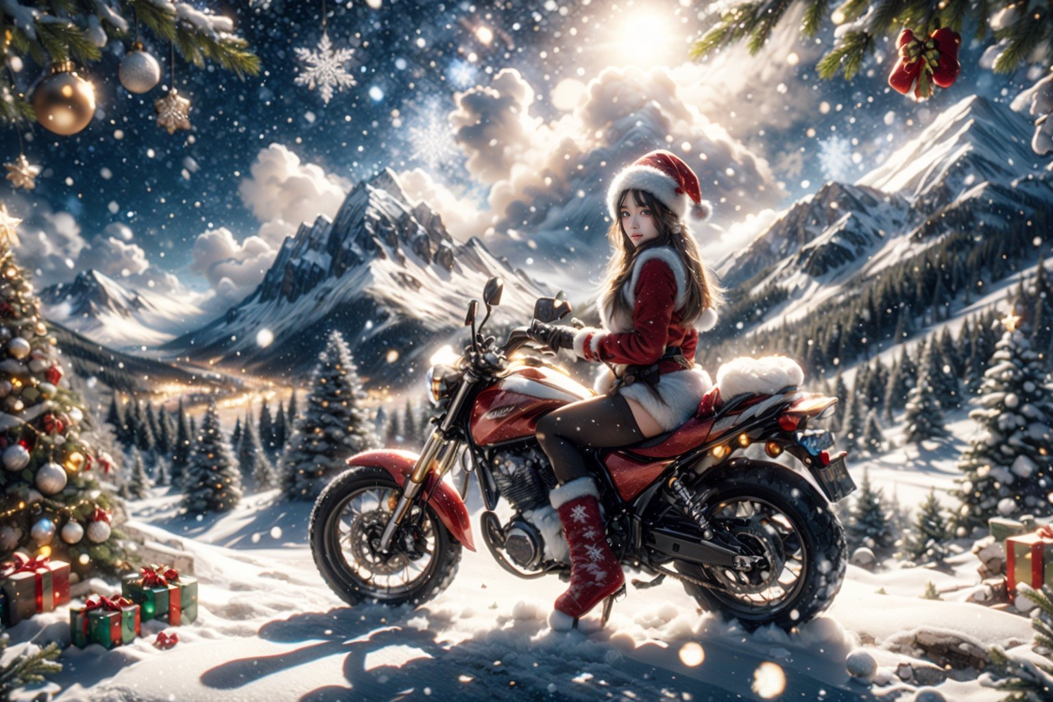 Outdoors, snowing, mountain road with blowing snow, beautiful girl in sexy christmas outfit, sitting on the back of a deer,Christmas gifts are scattered on the ground, ((looks at camera)), high resolution, highly detailed, looking at viewer, sexy appearance, posing for Photoshoot, girl, full body, sexy christmas outfit, 1 girl, reality, sntdrs, snowflakes, christmas,realistic,ChristmasDecorativeStyle