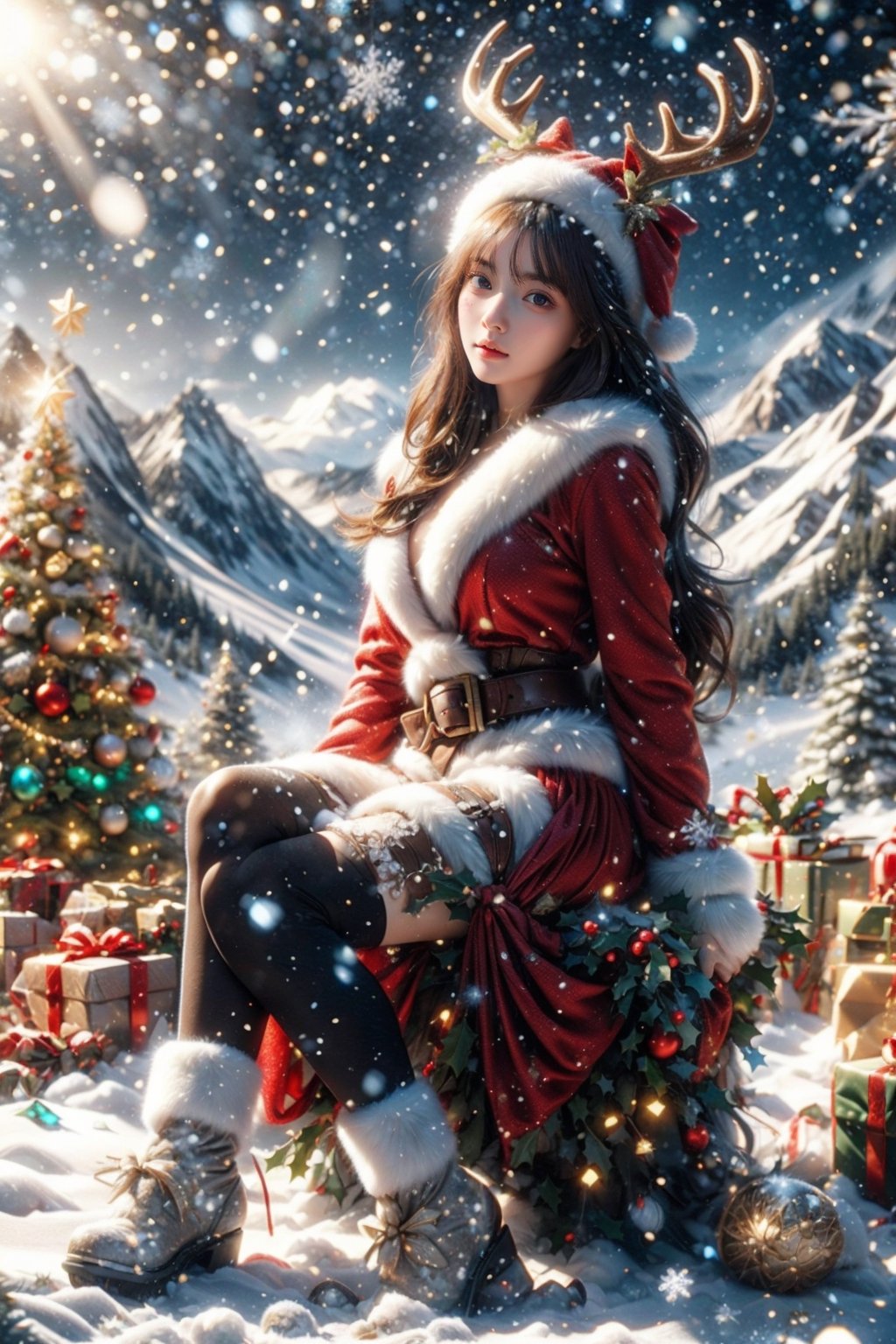 Outdoors, snowing, mountain road with blowing snow, beautiful girl in sexy christmas outfit, sitting on the back of a deer,Christmas gifts are scattered on the ground, ((looks at camera)), high resolution, highly detailed, looking at viewer, sexy appearance, posing for Photoshoot, girl, sexy christmas outfit, 1 girl, reality, sntdrs, snowflakes, christmas,realistic,ChristmasDecorativeStyle