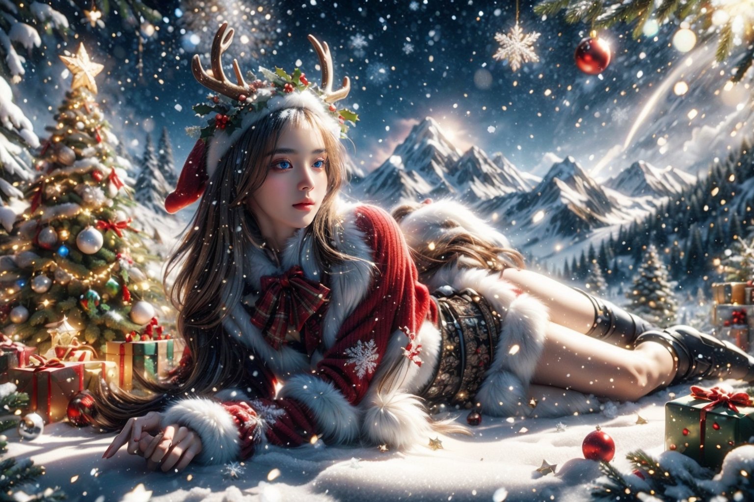 Outdoors, snowing, mountain road with blowing snow, beautiful girl in sexy christmas outfit, sitting on the back of a deer,Christmas gifts are scattered on the ground, ((looks at camera)), high resolution, highly detailed, looking at viewer, sexy appearance, posing for Photoshoot, girl, sexy christmas outfit, 1 girl, reality, sntdrs, snowflakes, christmas,realistic,ChristmasDecorativeStyle