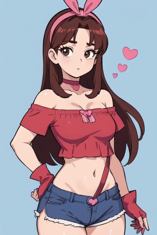 1 girl, ittle off Shoulder Short Sleeve red Blouse with see the navel and big neckline, little blue shorts,huge breasts, (Fringe open long in the right side of the hair, rectal long brown hair With a hair dialect, brown eyes, big eyes, Choker with a heart in the medium, hair pink headband, little Blue gloves with finger opening),
