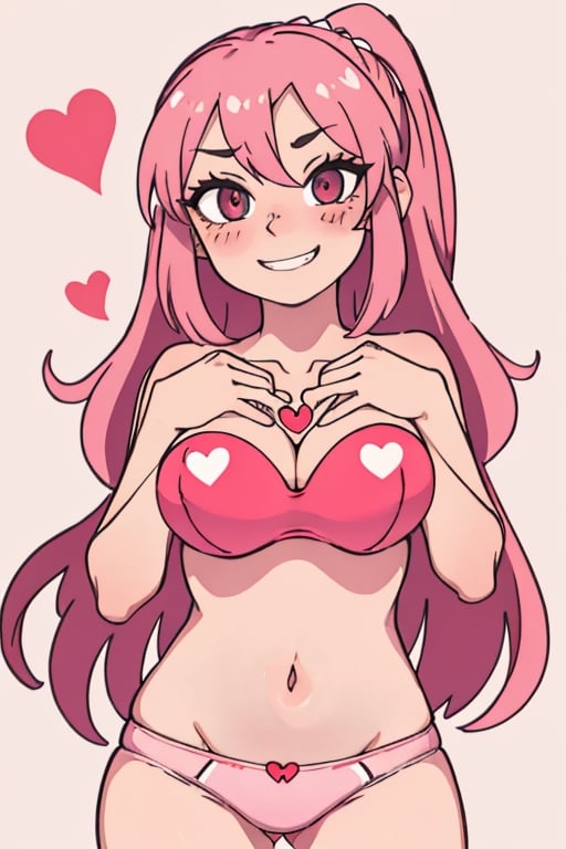 heart, heart-shaped pupil, smug, smirk, blush, teeth, masterpiece, best quality, cuerpo completo, panties