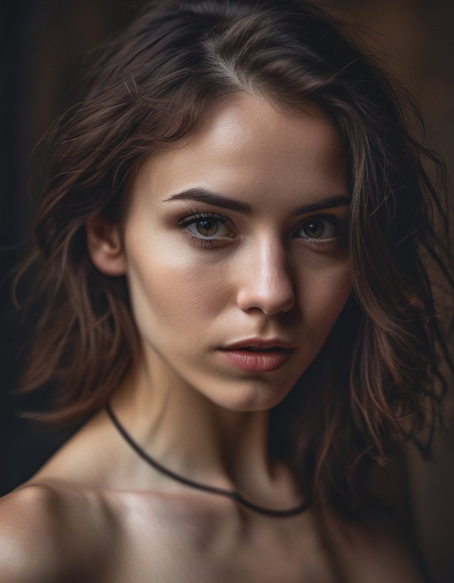 A close up portrait naked woman looking at camera, slim body, dark theme, soothing tones, muted colors, high contrast, (natural skin texture, hyperrealism, soft light, sharp), (((perfect face))), chocker, grunge clothes, Cannon EOS 5D Mark III, 85mm, hyper portrait, single light,brunette.
