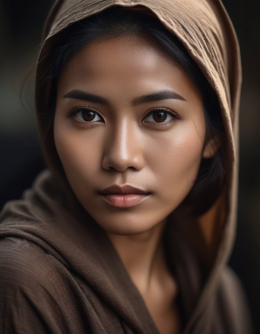 A close up portrait Indonesian woman looking at camera, slim body, dark theme, soothing tones, muted colors, high contrast, (natural skin texture, hyperrealism, soft light, sharp), (((perfect face))), grunge clothes, Cannon EOS 5D Mark III, 85mm, hyper portrait, single light,brunette.
